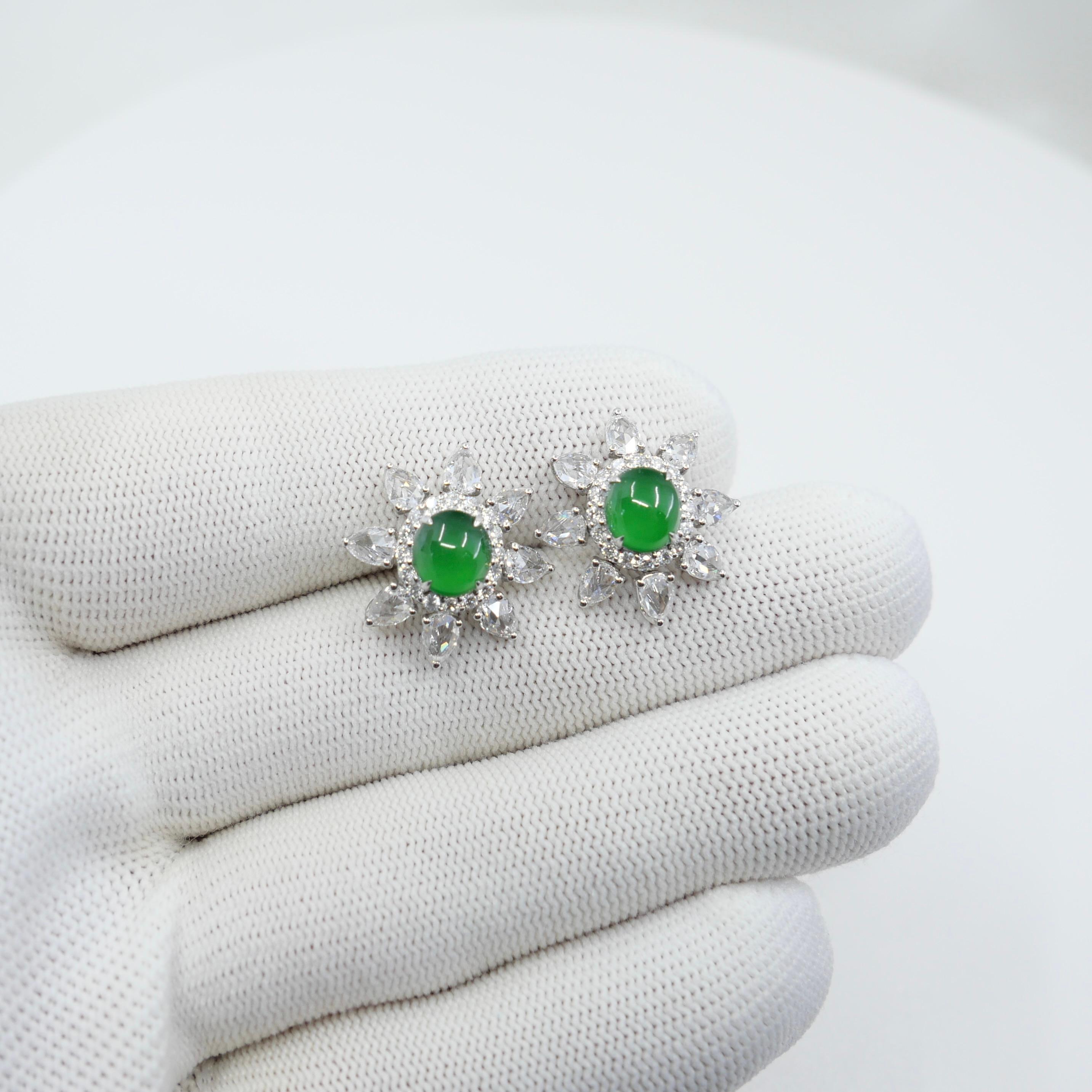 Boucles d'oreilles certifiées impériales en jade vert et diamants taille rose Best Glowing Green en vente 9