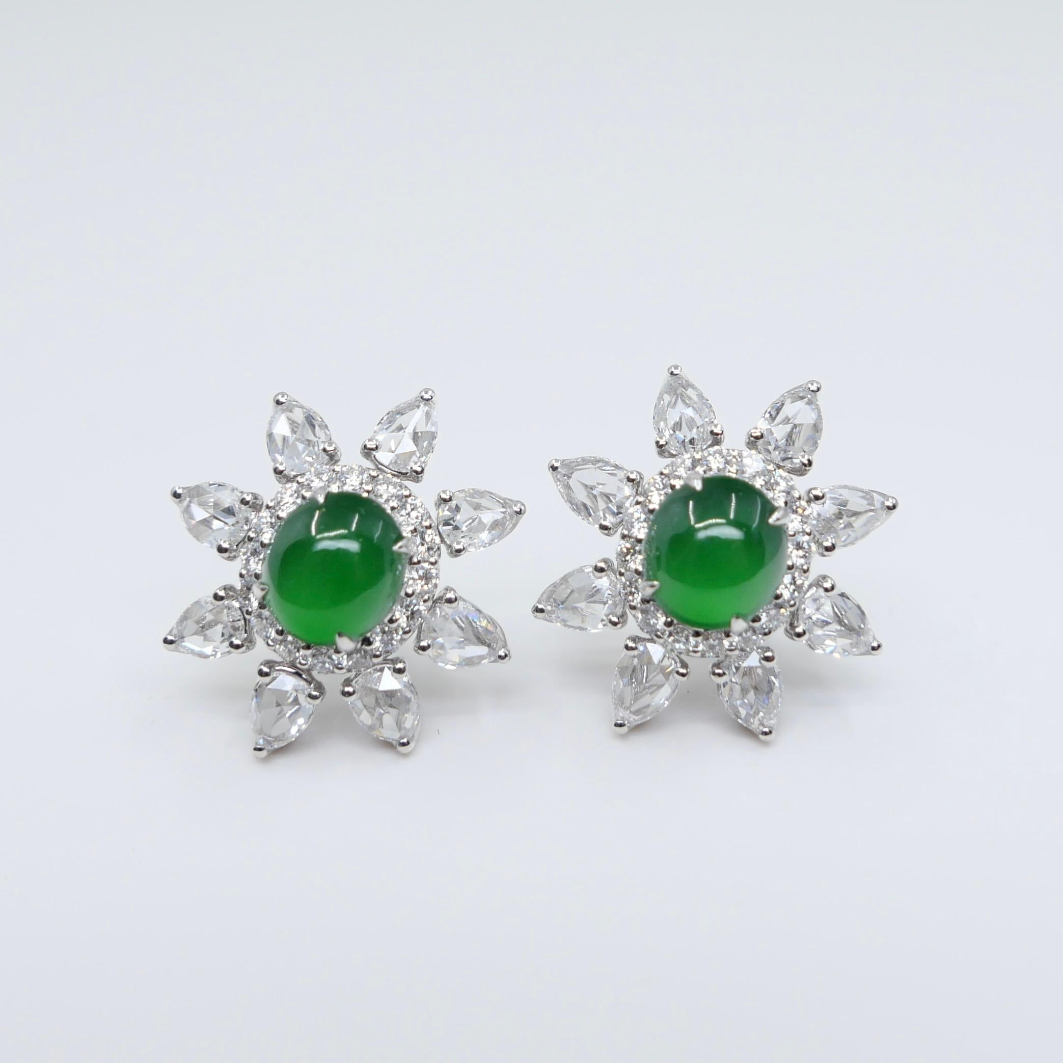 Boucles d'oreilles certifiées impériales en jade vert et diamants taille rose Best Glowing Green en vente 10