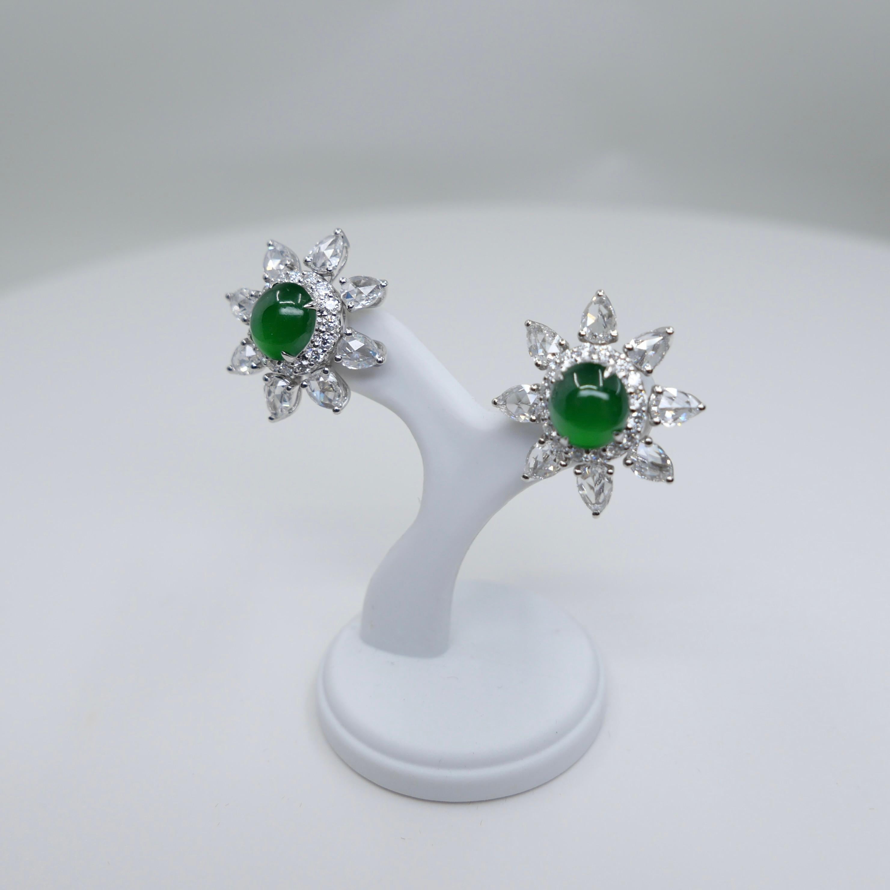 Boucles d'oreilles certifiées impériales en jade vert et diamants taille rose Best Glowing Green en vente 11