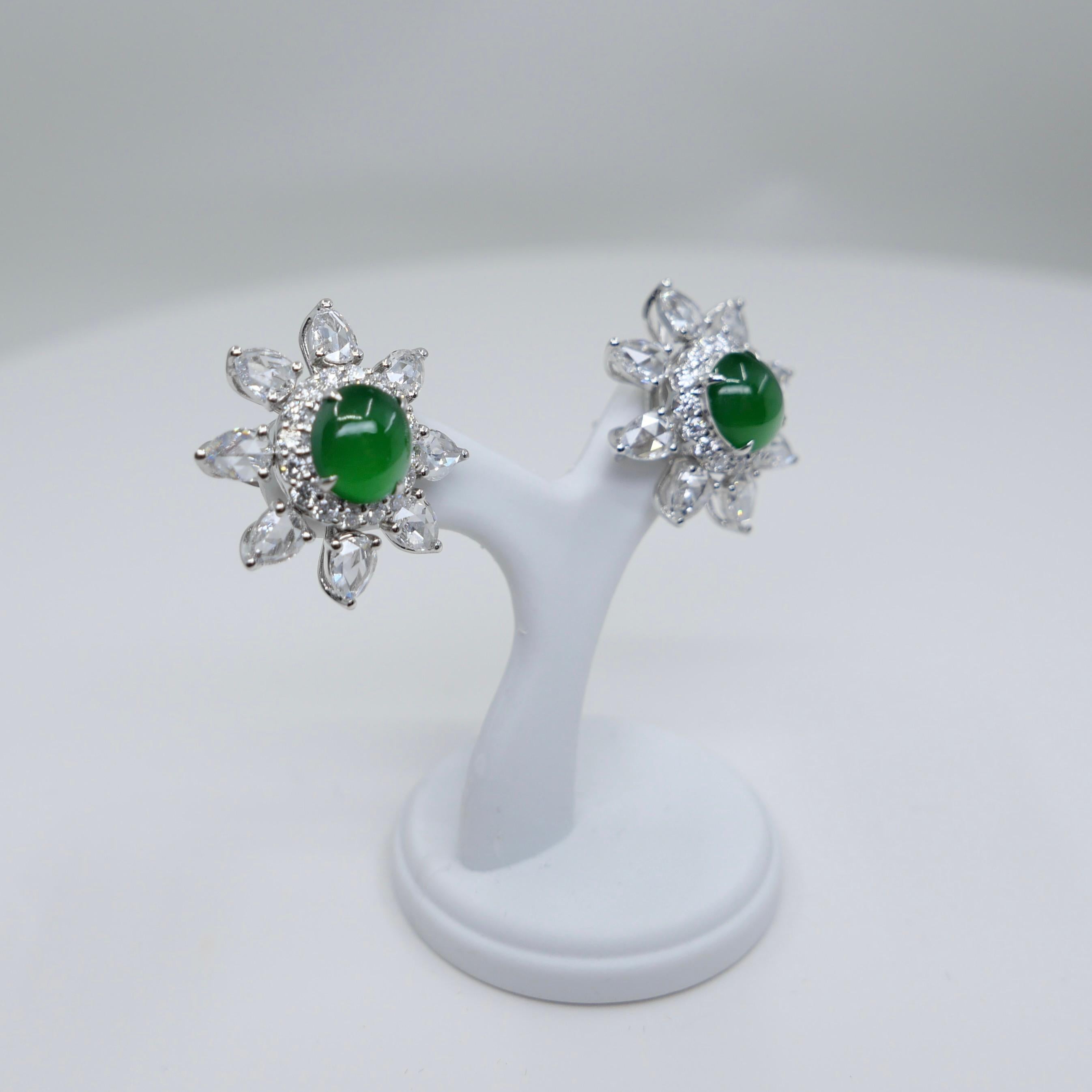 Boucles d'oreilles certifiées impériales en jade vert et diamants taille rose Best Glowing Green en vente 12