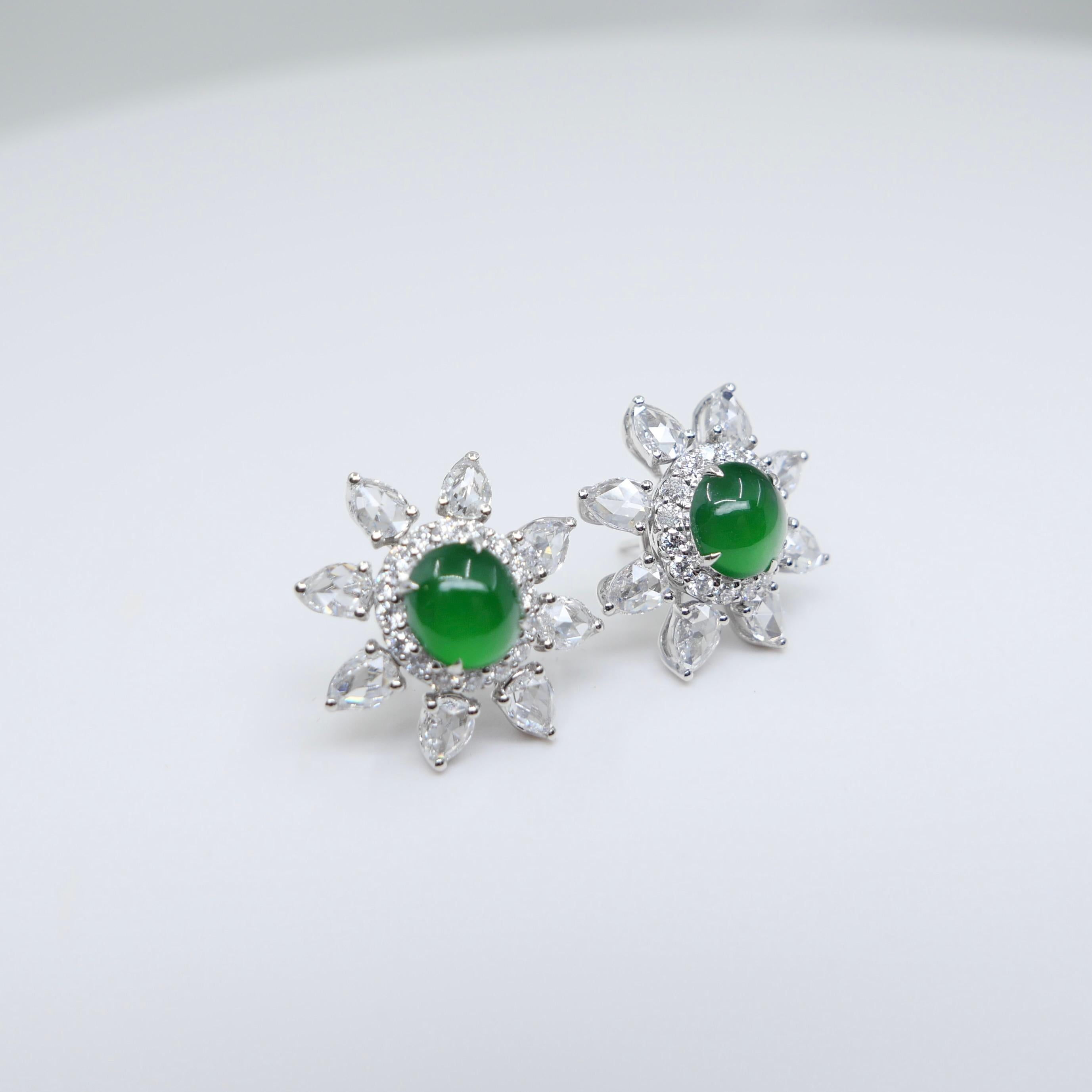 Boucles d'oreilles certifiées impériales en jade vert et diamants taille rose Best Glowing Green en vente 13