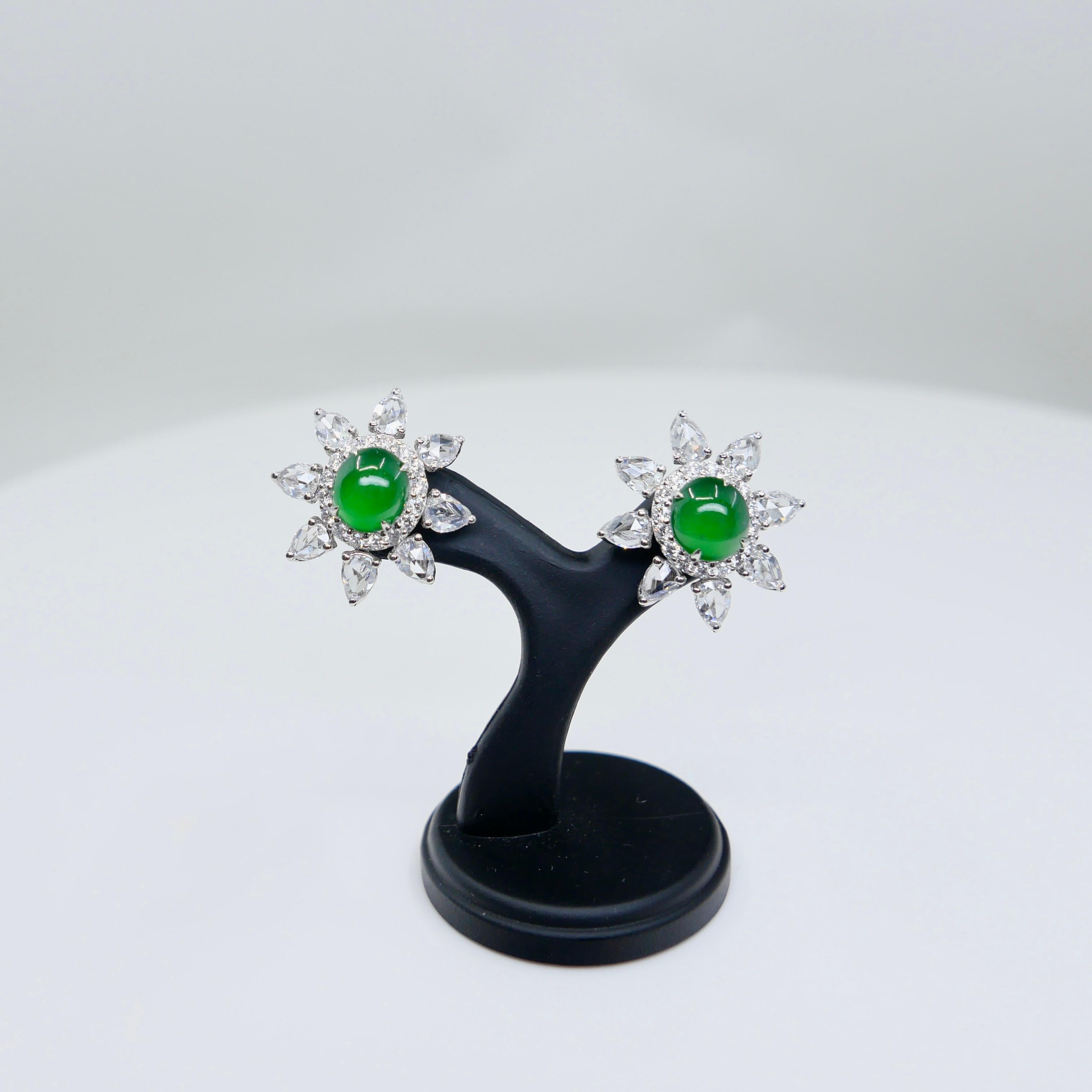 Boucles d'oreilles certifiées impériales en jade vert et diamants taille rose Best Glowing Green en vente 14