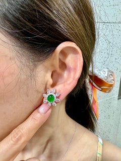 Certified Imperial Green Jade & Rose Cut Diamond Earrings. Best Glowing Green.