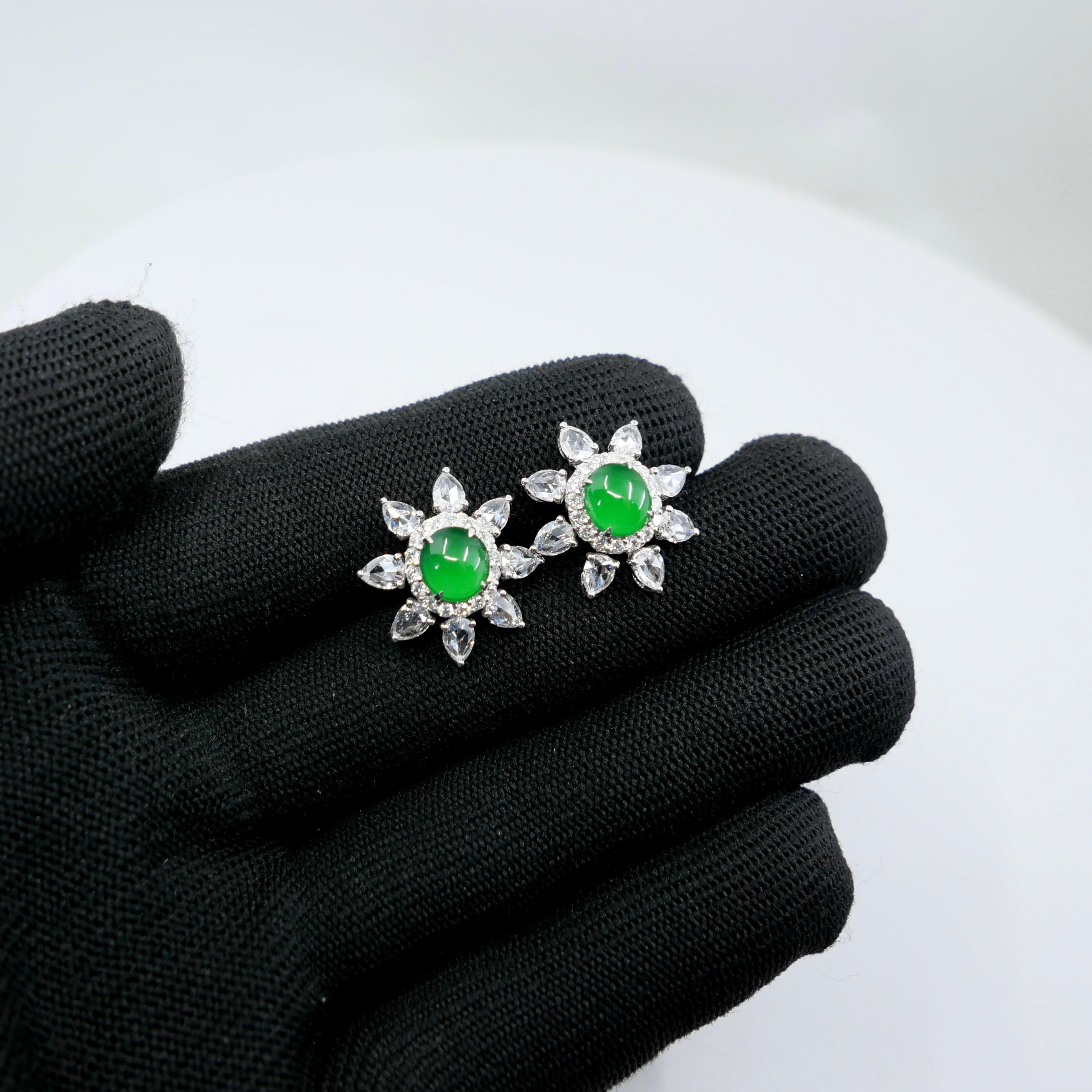 Boucles d'oreilles certifiées impériales en jade vert et diamants taille rose Best Glowing Green Neuf - En vente à Hong Kong, HK