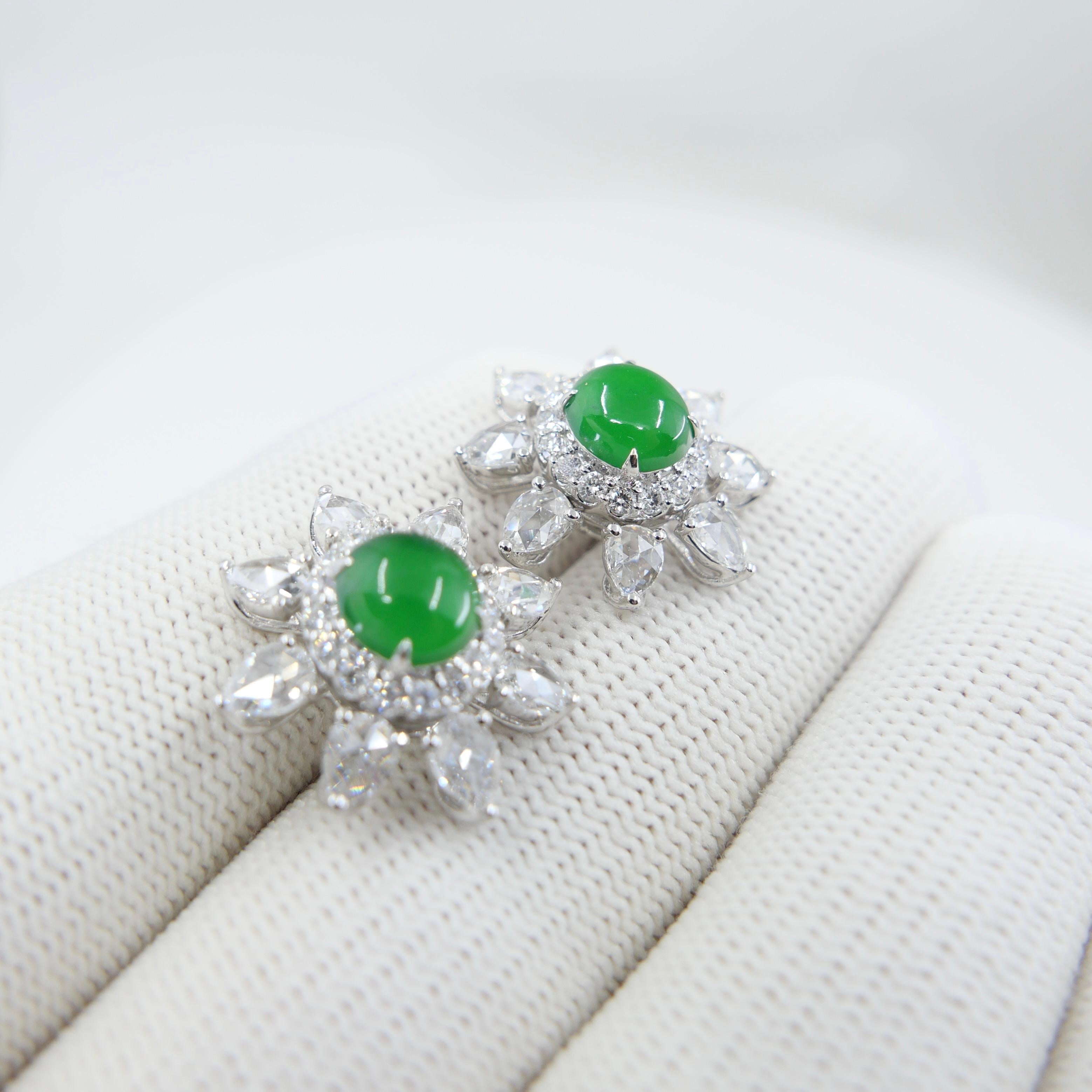 Boucles d'oreilles certifiées impériales en jade vert et diamants taille rose Best Glowing Green Pour femmes en vente
