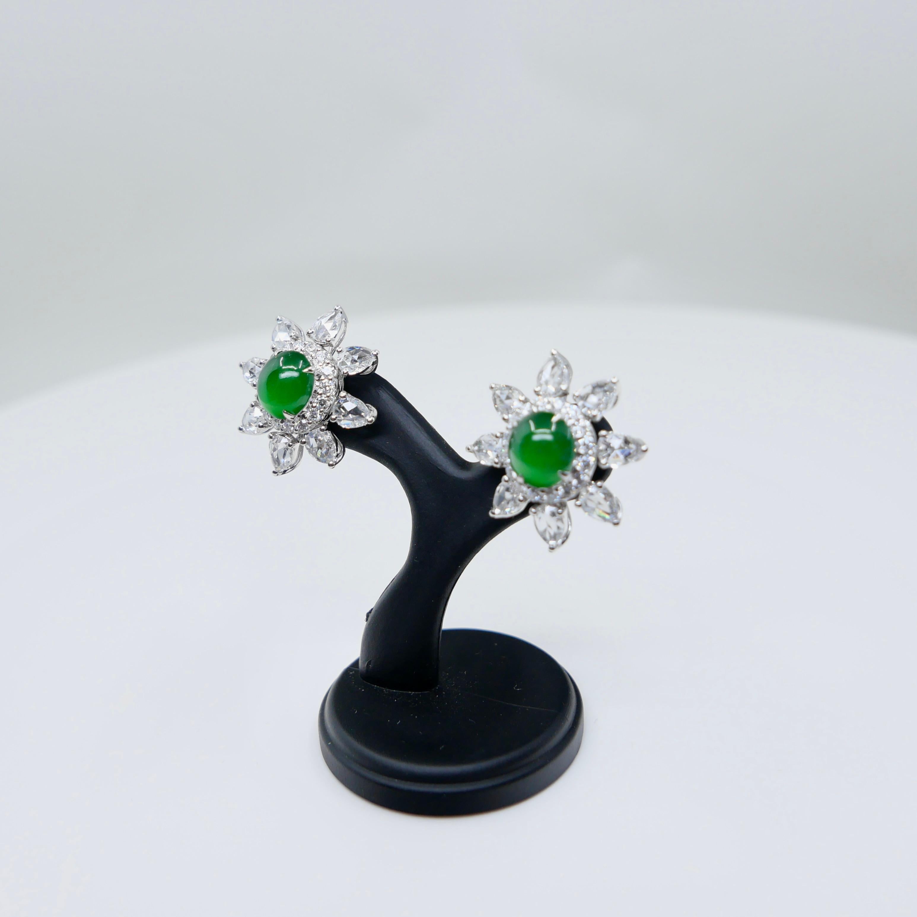 Boucles d'oreilles certifiées impériales en jade vert et diamants taille rose Best Glowing Green en vente 1
