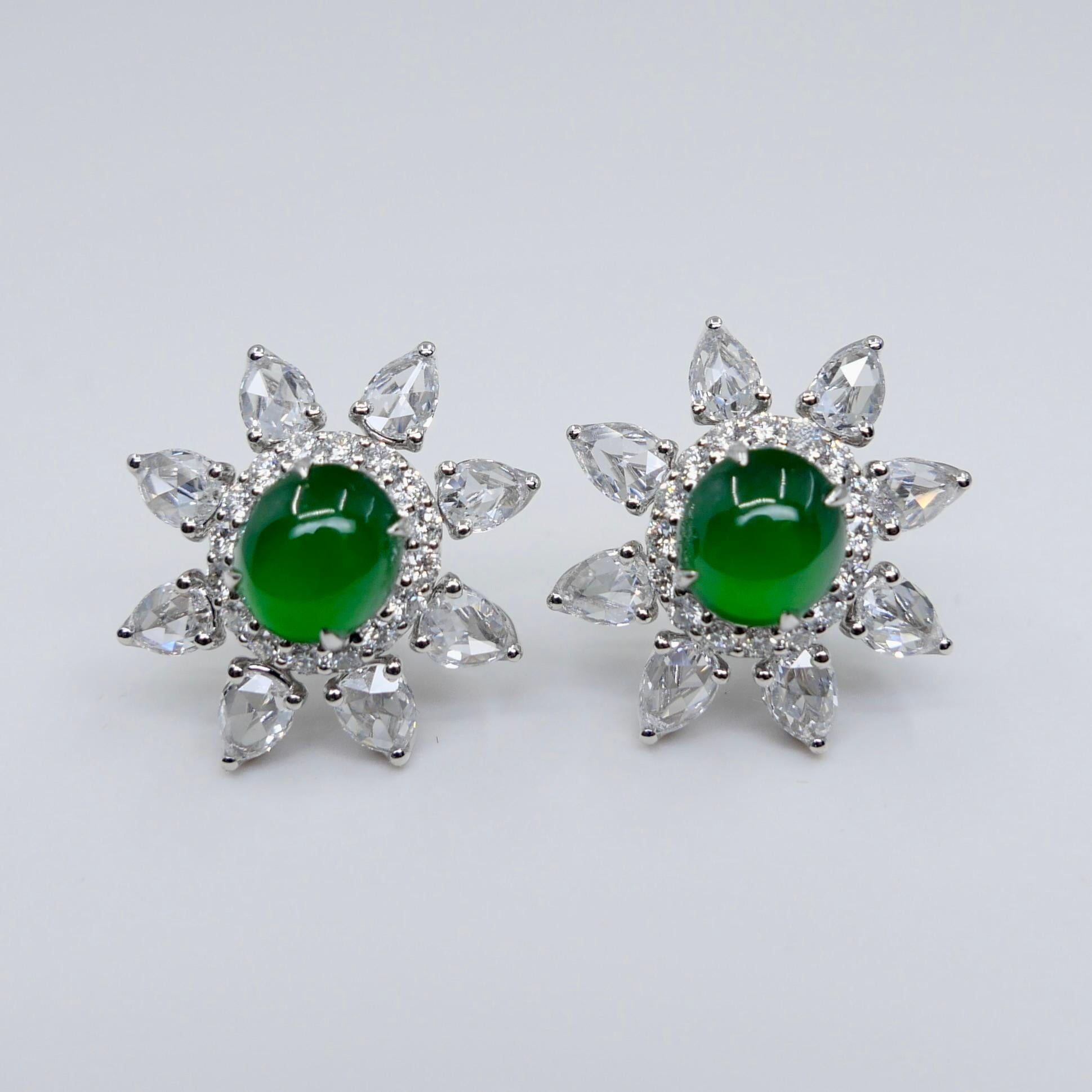Boucles d'oreilles certifiées impériales en jade vert et diamants taille rose Best Glowing Green en vente 2