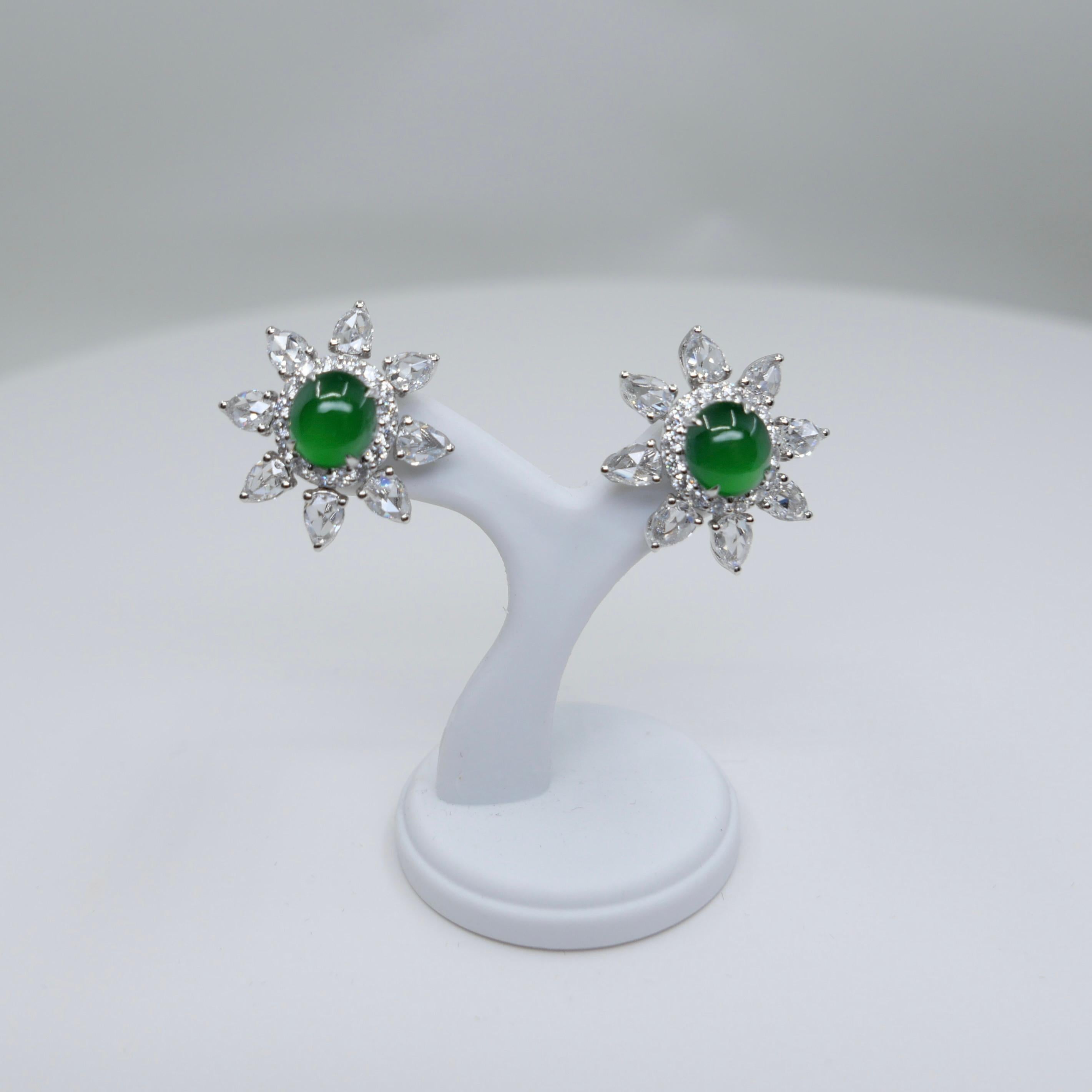 Boucles d'oreilles certifiées impériales en jade vert et diamants taille rose Best Glowing Green en vente 4
