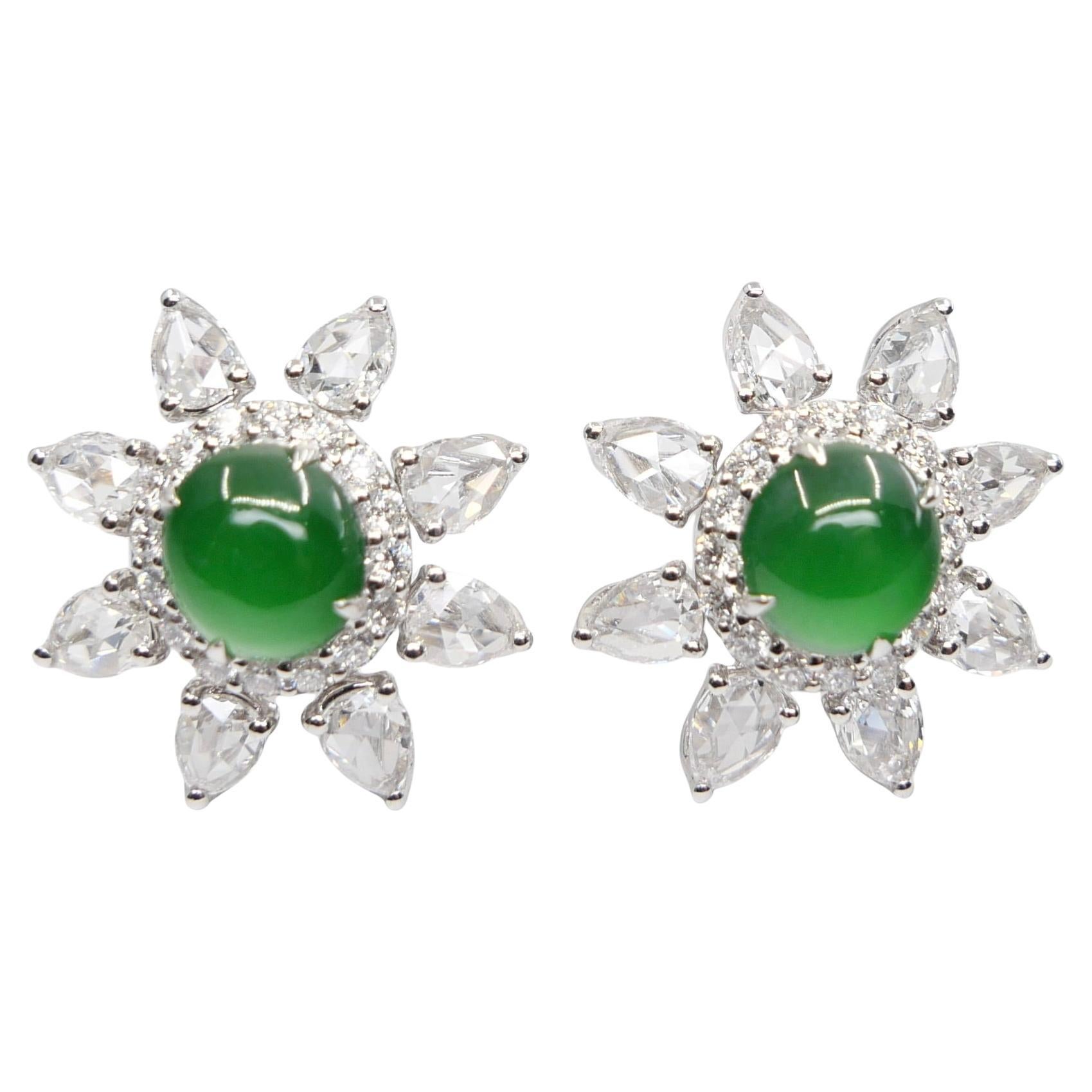 Boucles d'oreilles certifiées impériales en jade vert et diamants taille rose Best Glowing Green en vente 5