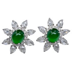 Boucles d'oreilles certifiées impériales en jade vert et diamants taille rose Best Glowing Green
