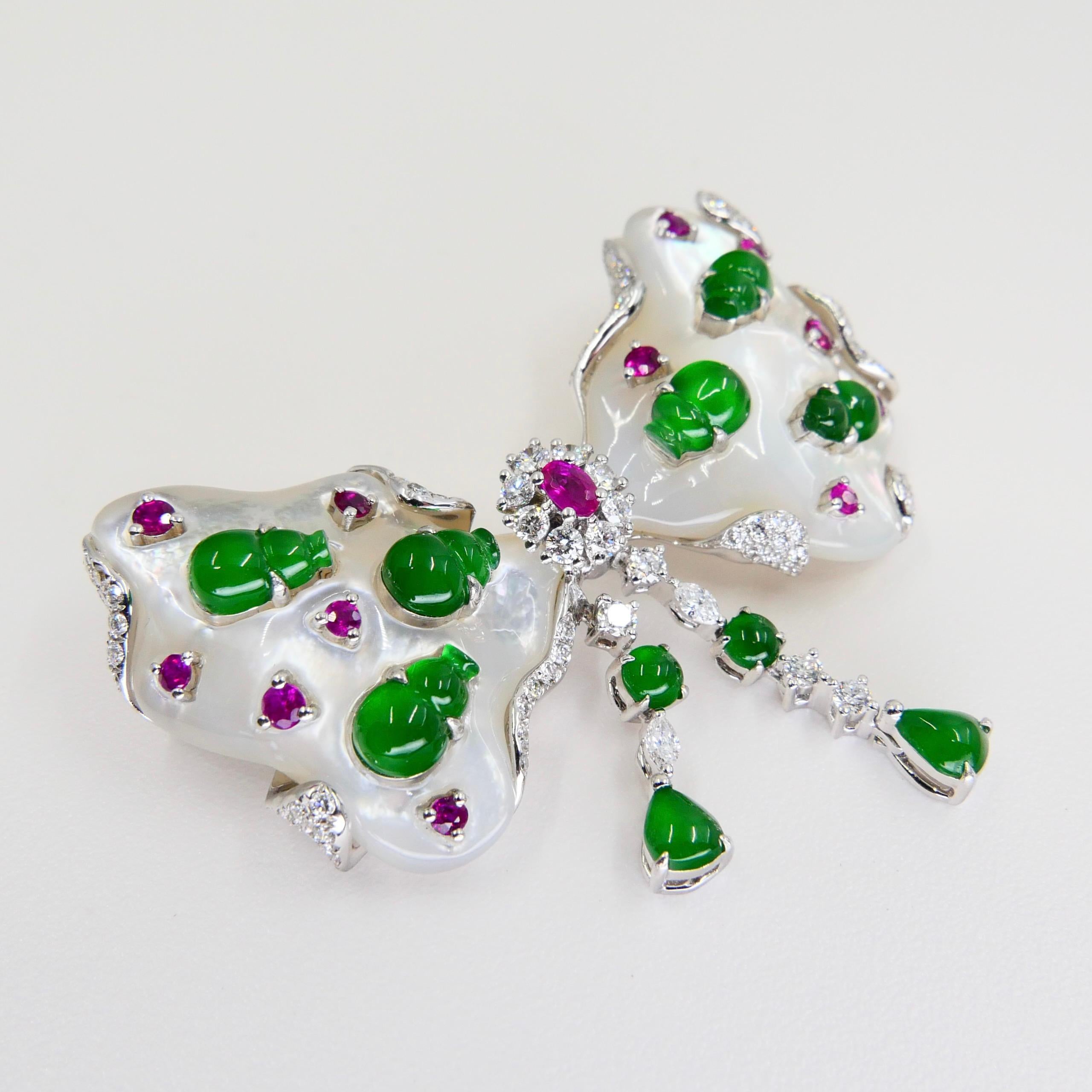 Certified Imperial Green Jadeite Jade Bow, Ruby, Diamond Pendant & Brooch, Glows 4