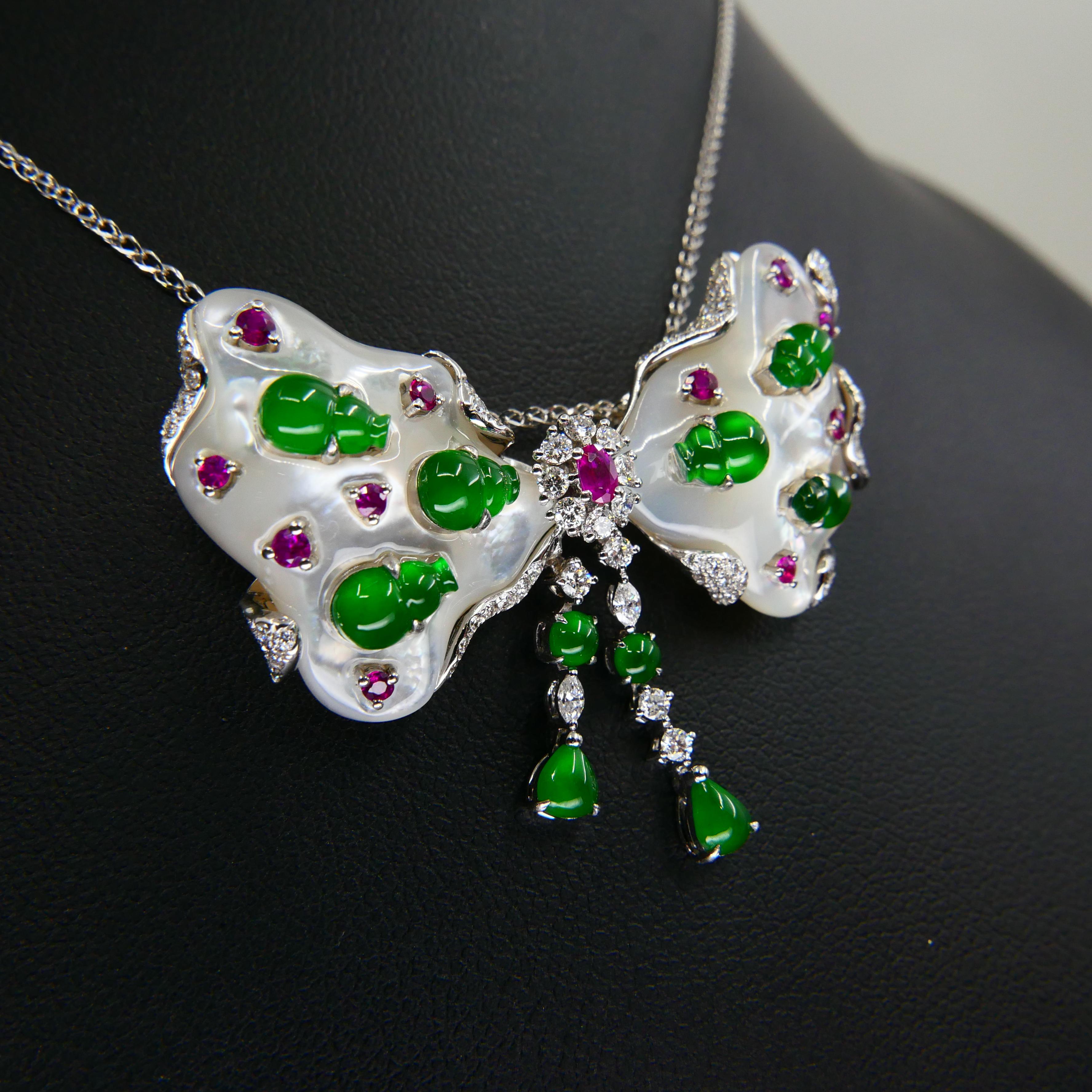 Certified Imperial Green Jadeite Jade Bow, Ruby, Diamond Pendant & Brooch, Glows 5