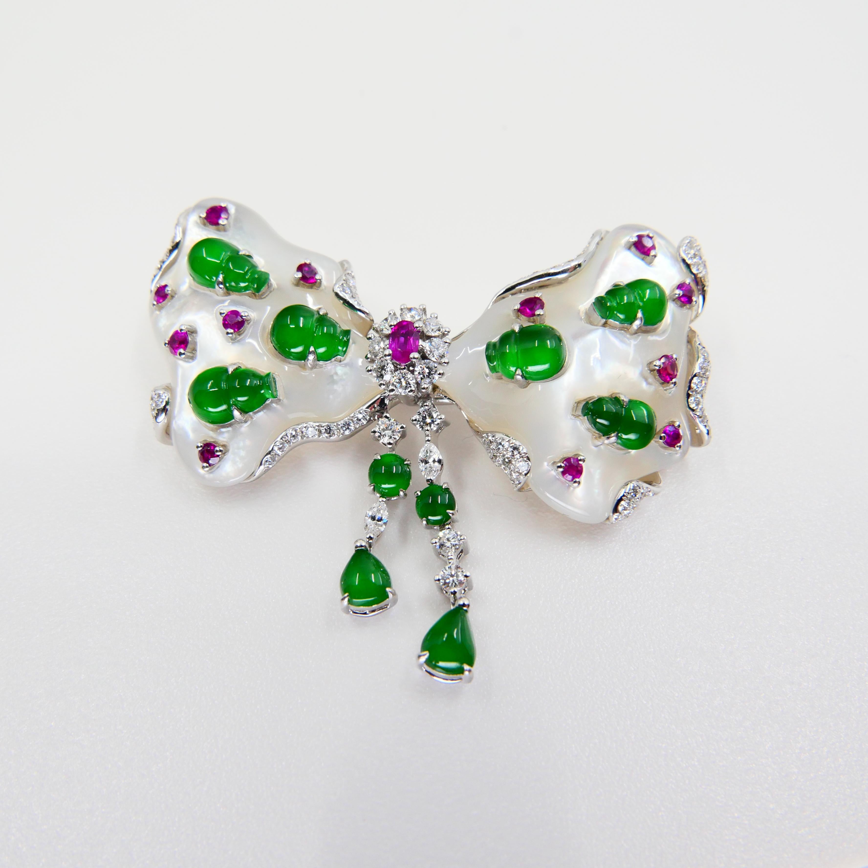 Certified Imperial Green Jadeite Jade Bow, Ruby, Diamond Pendant & Brooch, Glows 7