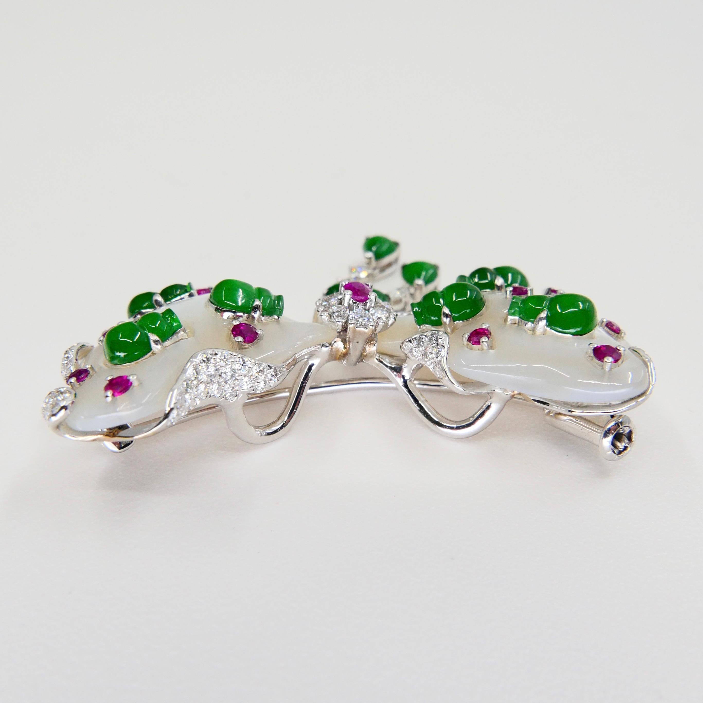 Certified Imperial Green Jadeite Jade Bow, Ruby, Diamond Pendant & Brooch, Glows 10