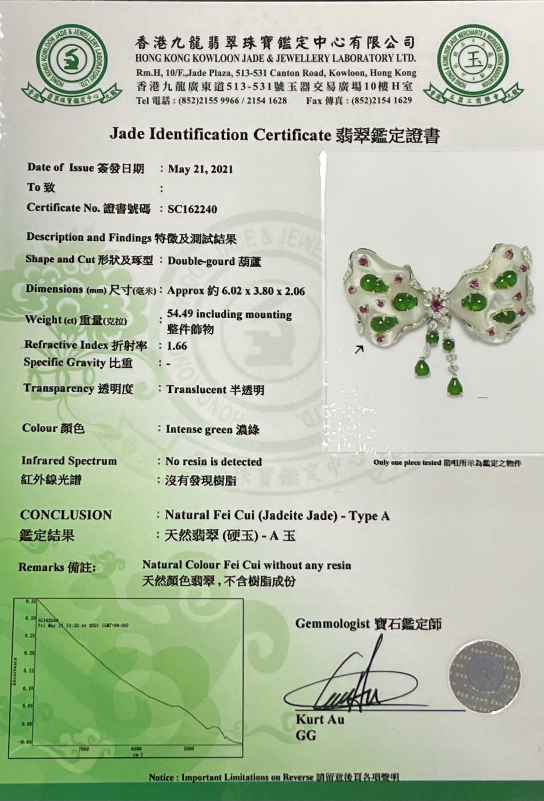 Certified Imperial Green Jadeite Jade Bow, Ruby, Diamond Pendant & Brooch, Glows 11