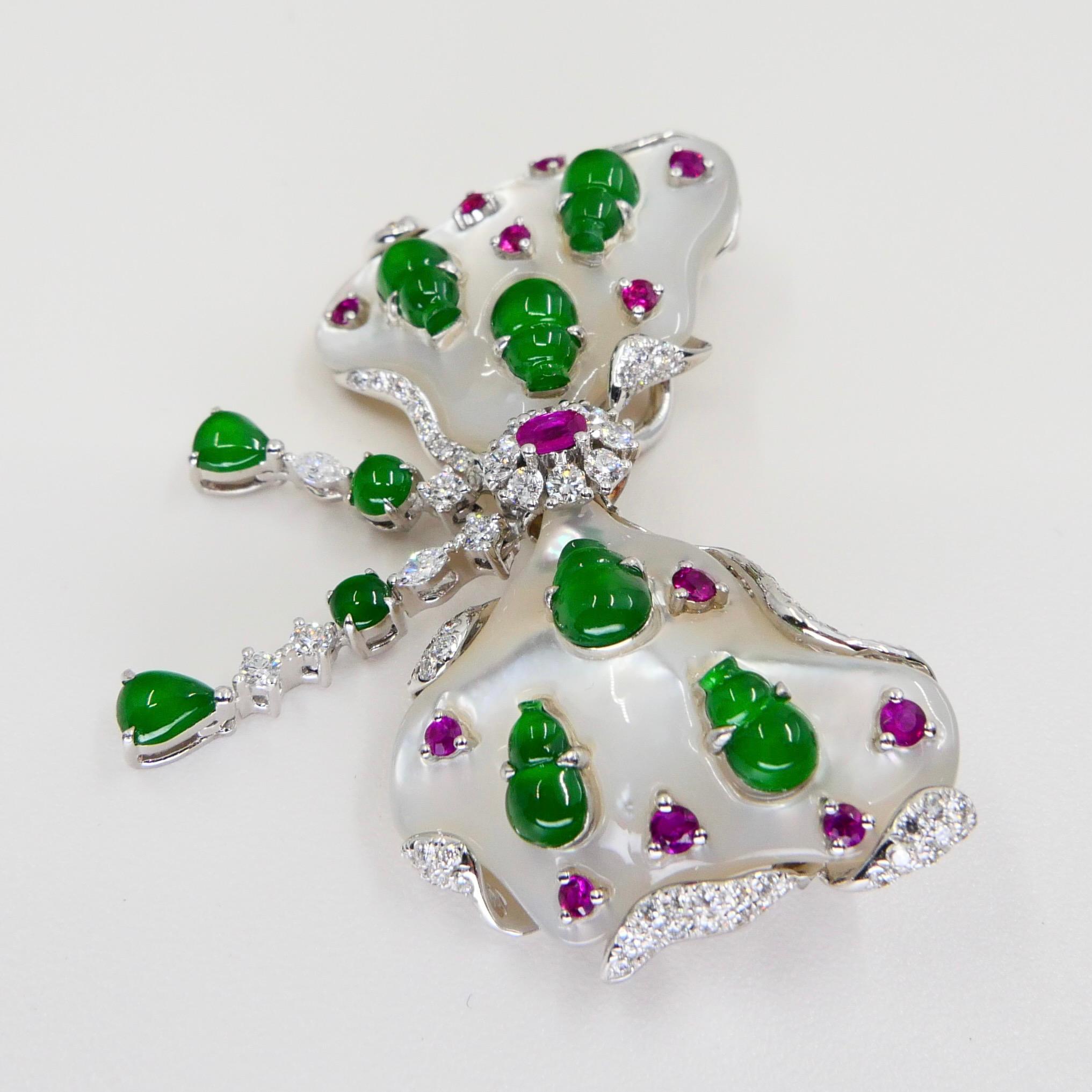 Certified Imperial Green Jadeite Jade Bow, Ruby, Diamond Pendant & Brooch, Glows In New Condition In Hong Kong, HK