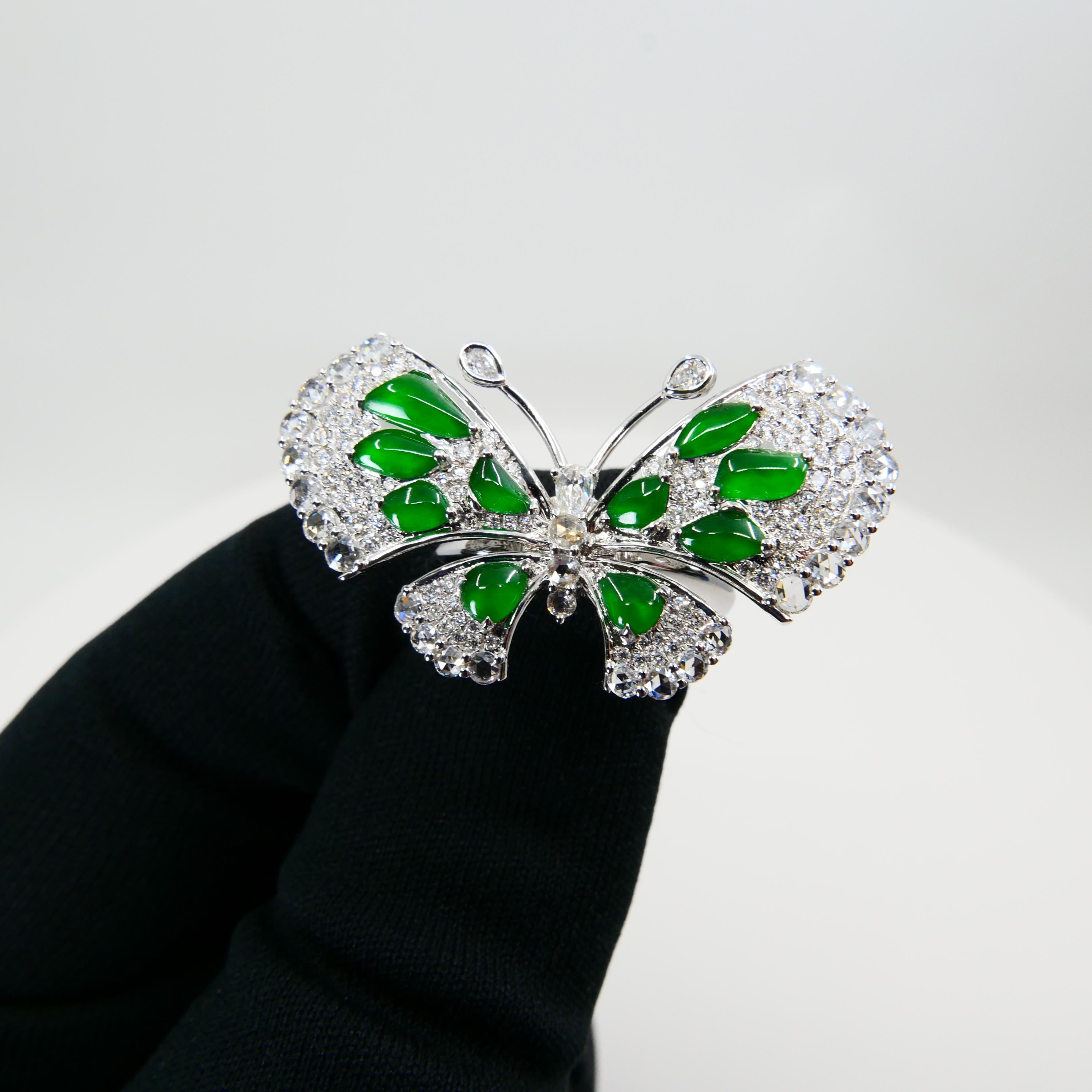 Certified Imperial Green Jade Butterfly & Rose Cut Diamond Ring, Pendant, Brooch For Sale 3