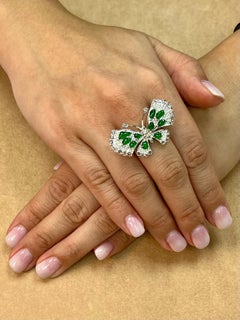 Certified Imperial Green Jade Butterfly & Rose Cut Diamond Ring, Pendant, Brooch