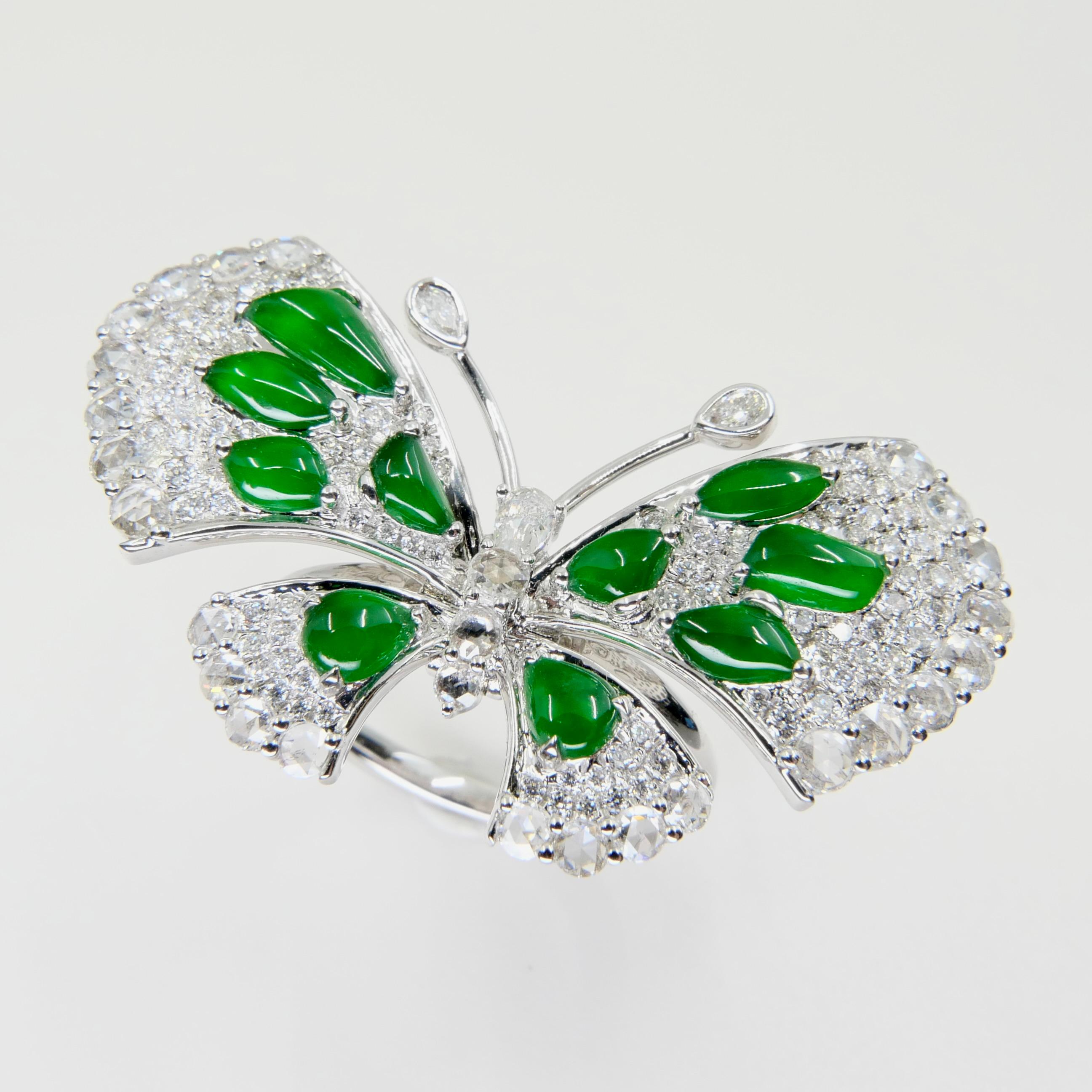 Certified Imperial Green Jade Butterfly & Rose Cut Diamond Ring, Pendant, Brooch For Sale 9