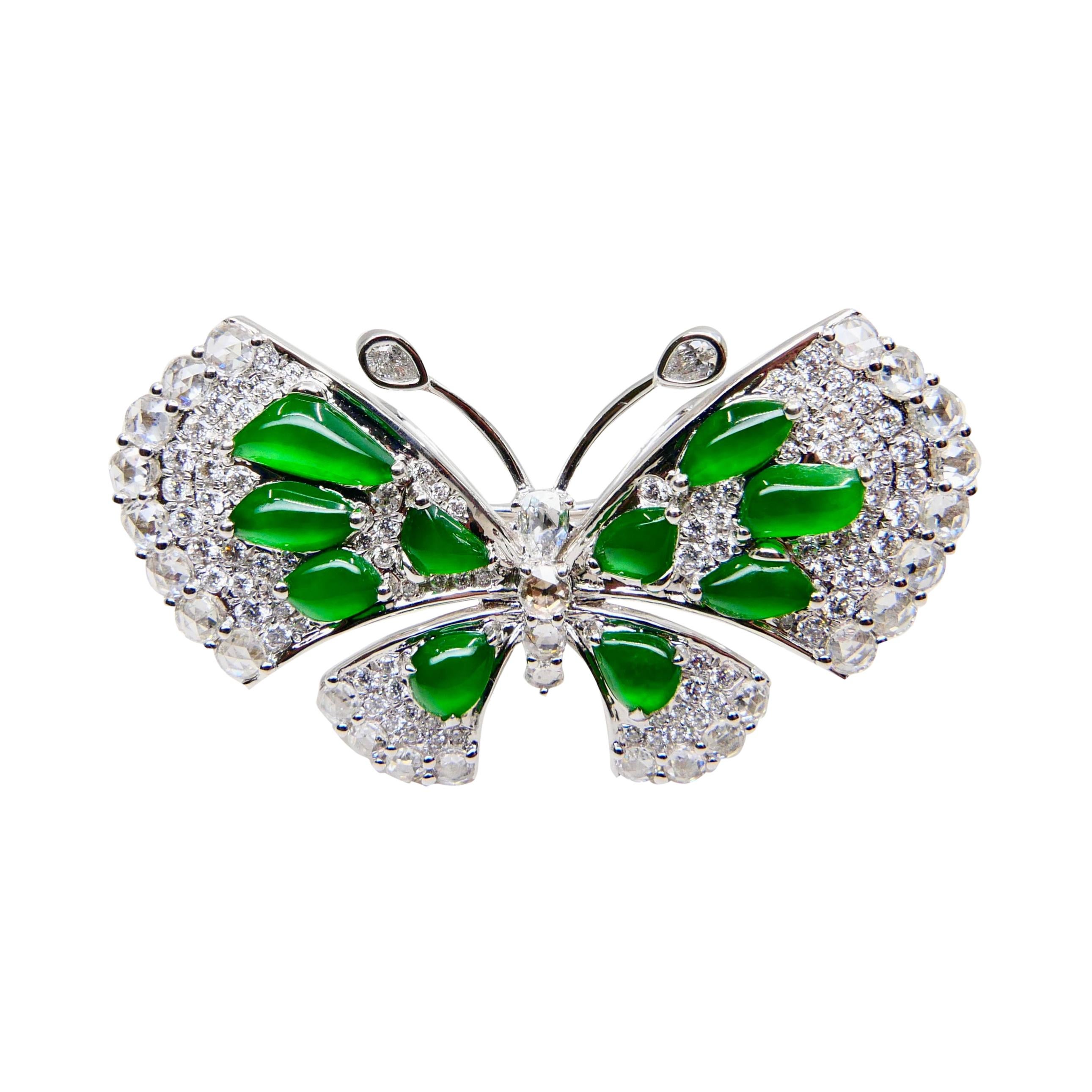 Certified Imperial Green Jade Butterfly & Rose Cut Diamond Ring, Pendant, Brooch For Sale 2