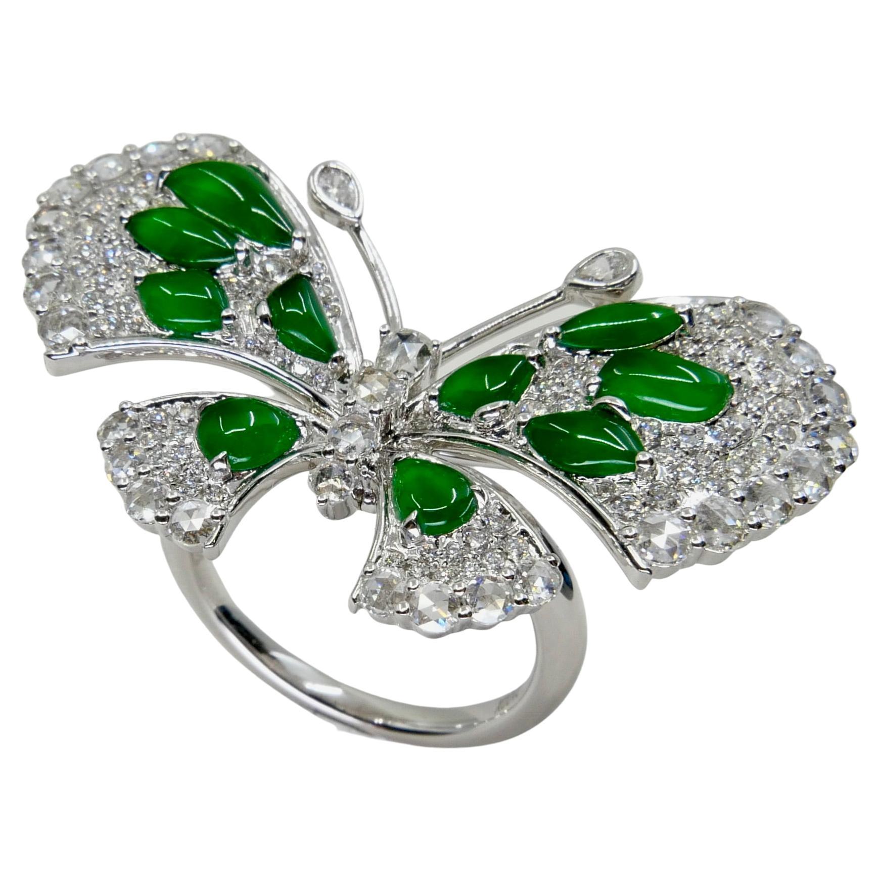 Certified Imperial Green Jade Butterfly & Rose Cut Diamond Ring, Pendant, Brooch For Sale 4