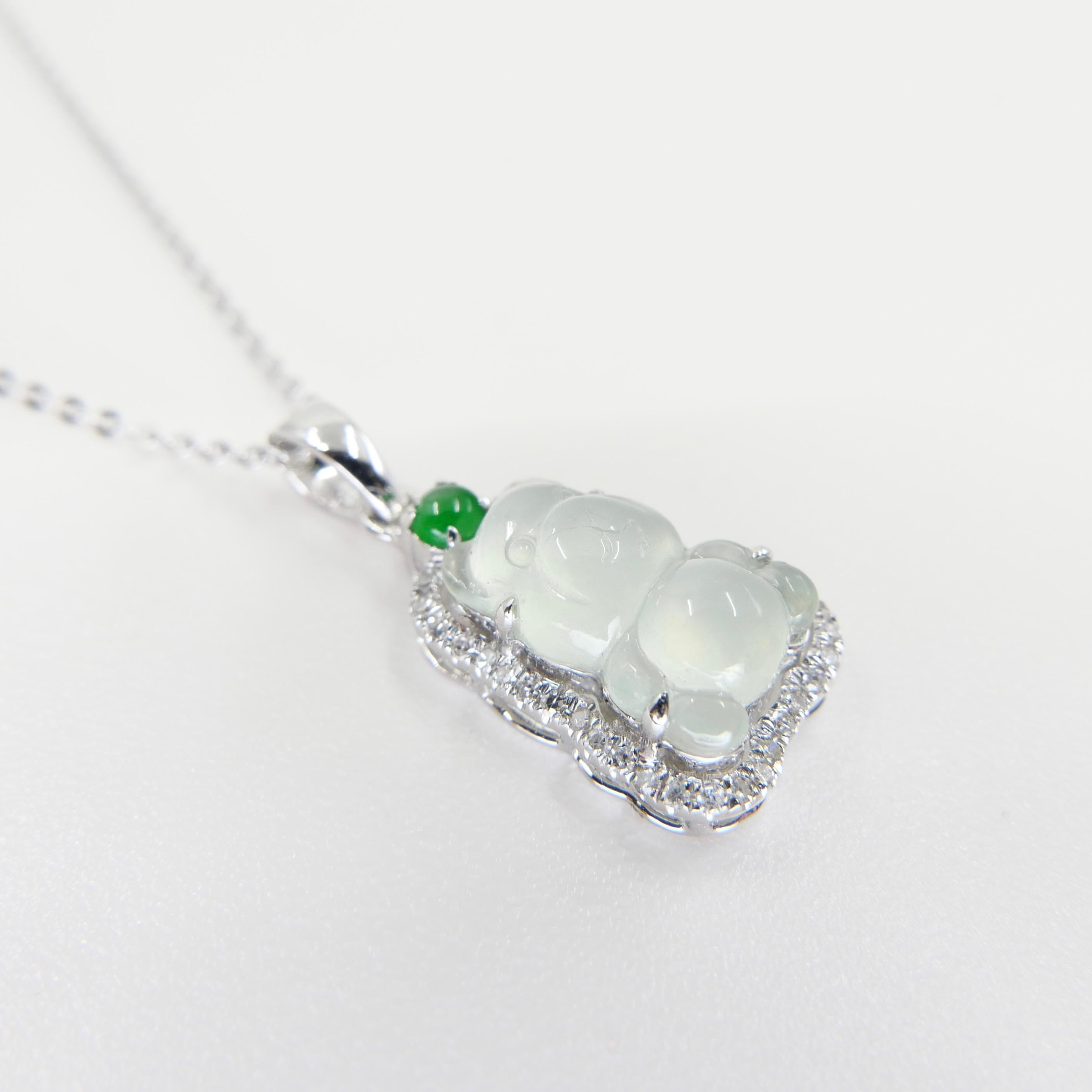 Pendentif ours en jade impérial et glacé certifié avec diamants, décomposition de la taille en vente 9