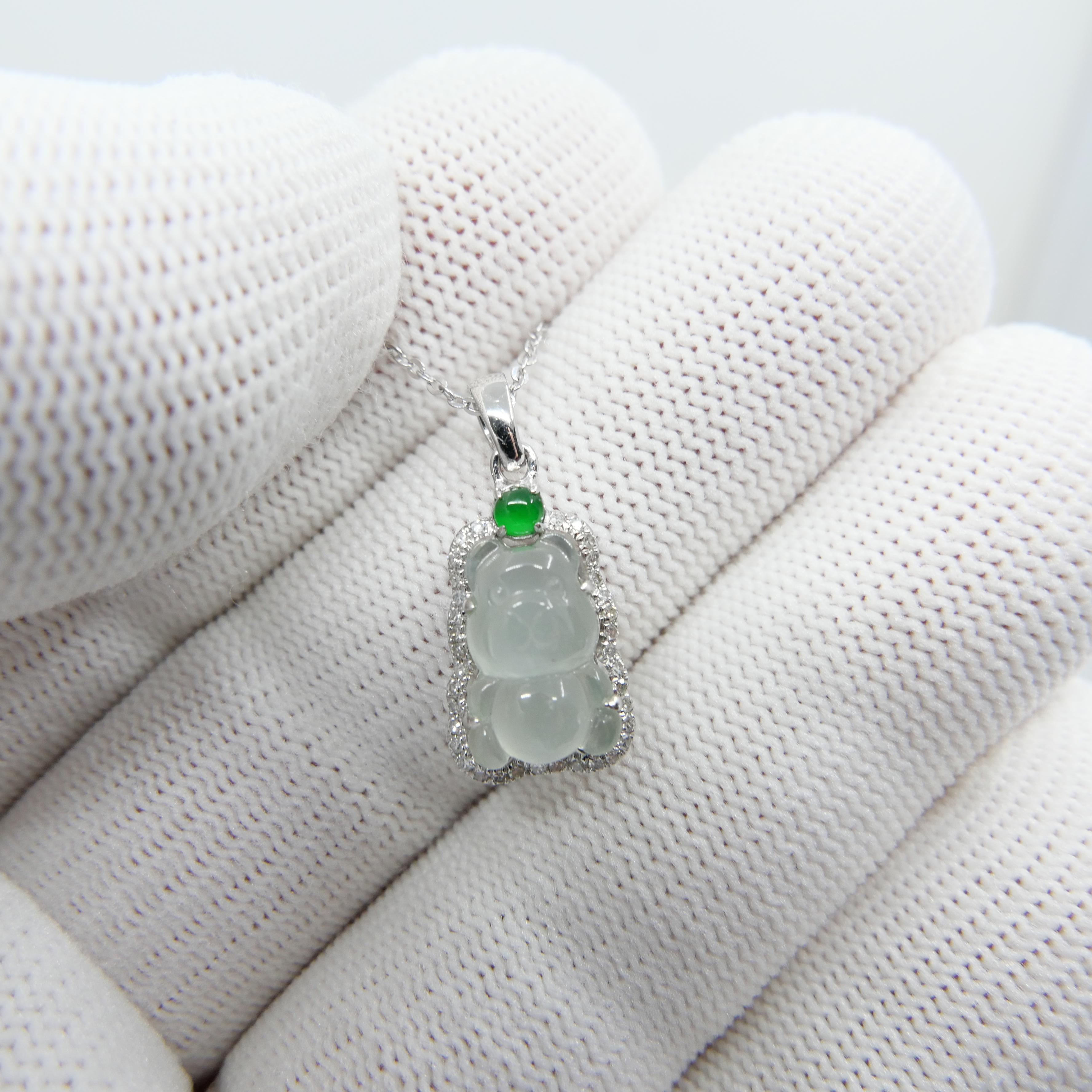 Pendentif ours en jade impérial et glacé certifié avec diamants, décomposition de la taille en vente 11