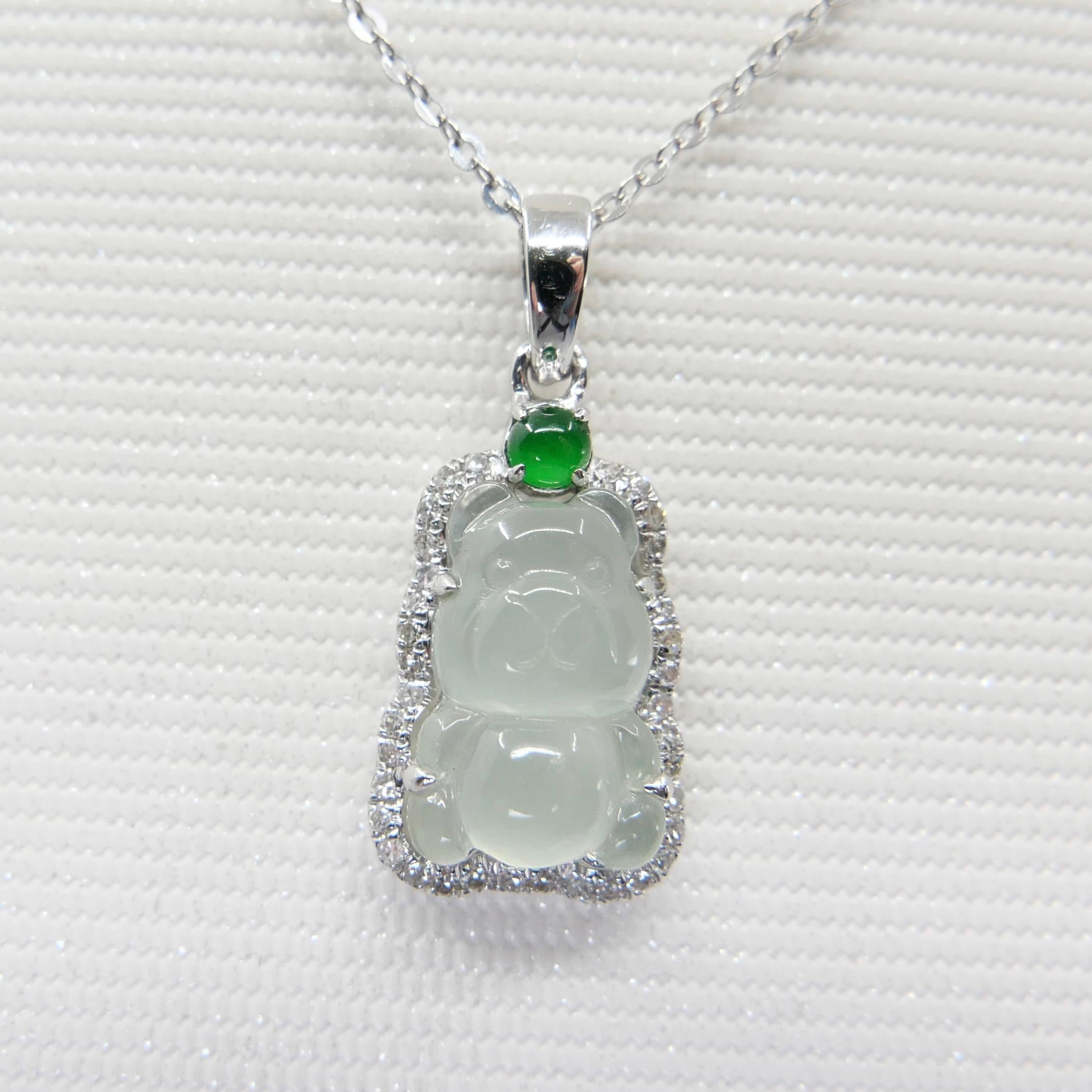 Pendentif ours en jade impérial et glacé certifié avec diamants, décomposition de la taille en vente 13
