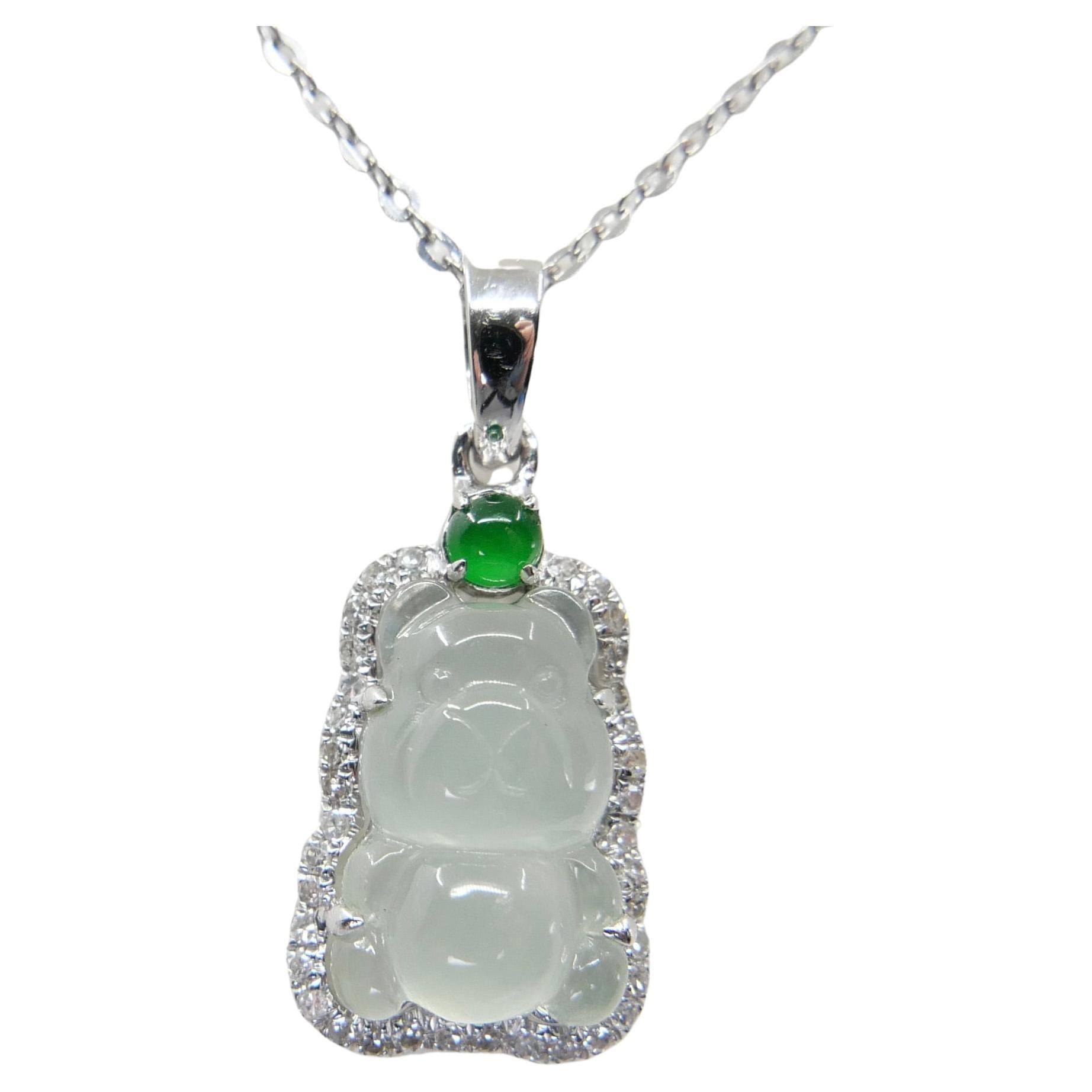 Certified Imperial Icy Jade Diamond Gummy Bear Cut Pendant. Cuteness Overload! For Sale