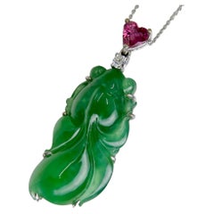 Used Certified Imperial Jade 20 Carats, Pink Tourmaline & Diamond Goldfish Pendant.