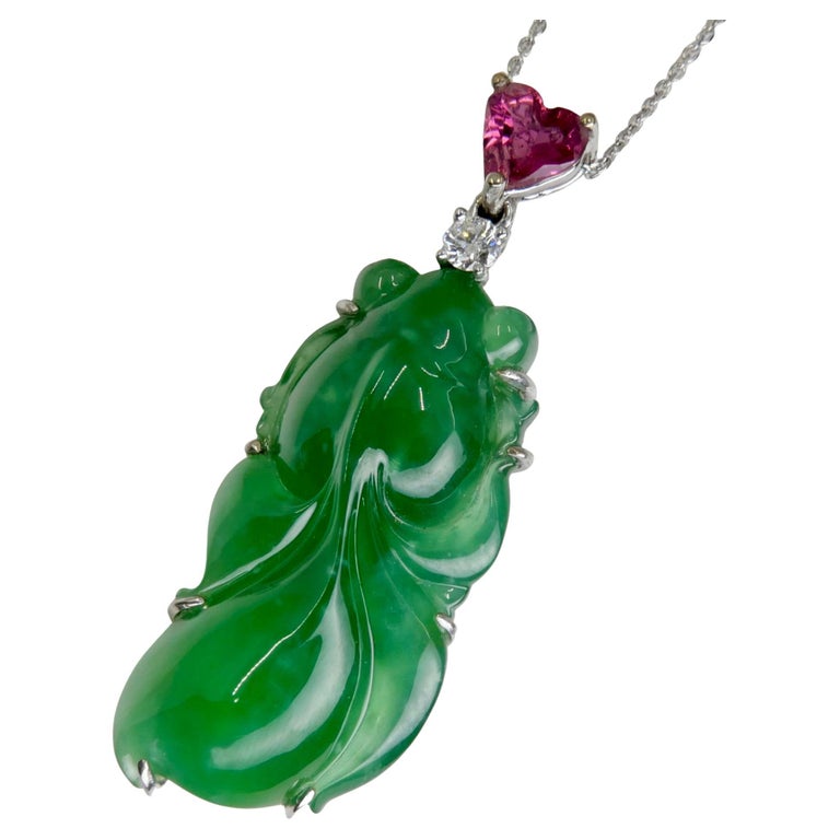 Certified Imperial Jade 20 Carats, Pink Tourmaline and Diamond Goldfish