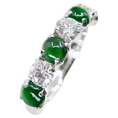Certified Imperial Jade & Diamond 7 Stone. Ring. Imperial Green. Supreme Glow!