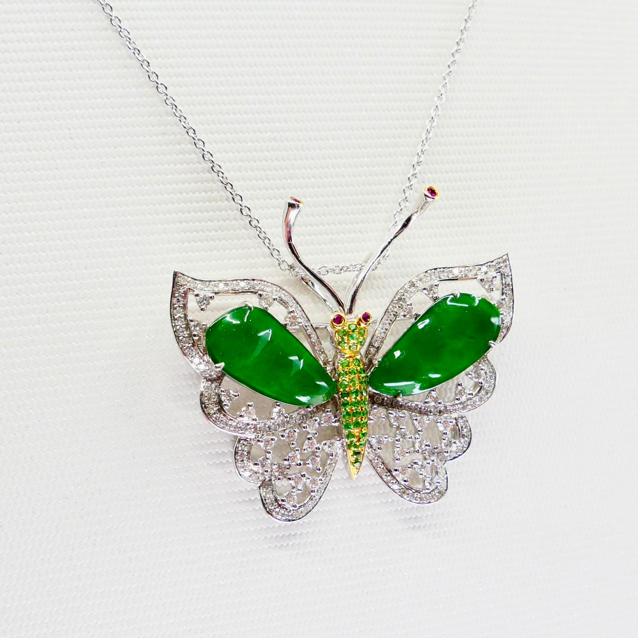 Certified Imperial Jade, Diamond Butterfly Pendant / Brooch, Collector Quality For Sale 4