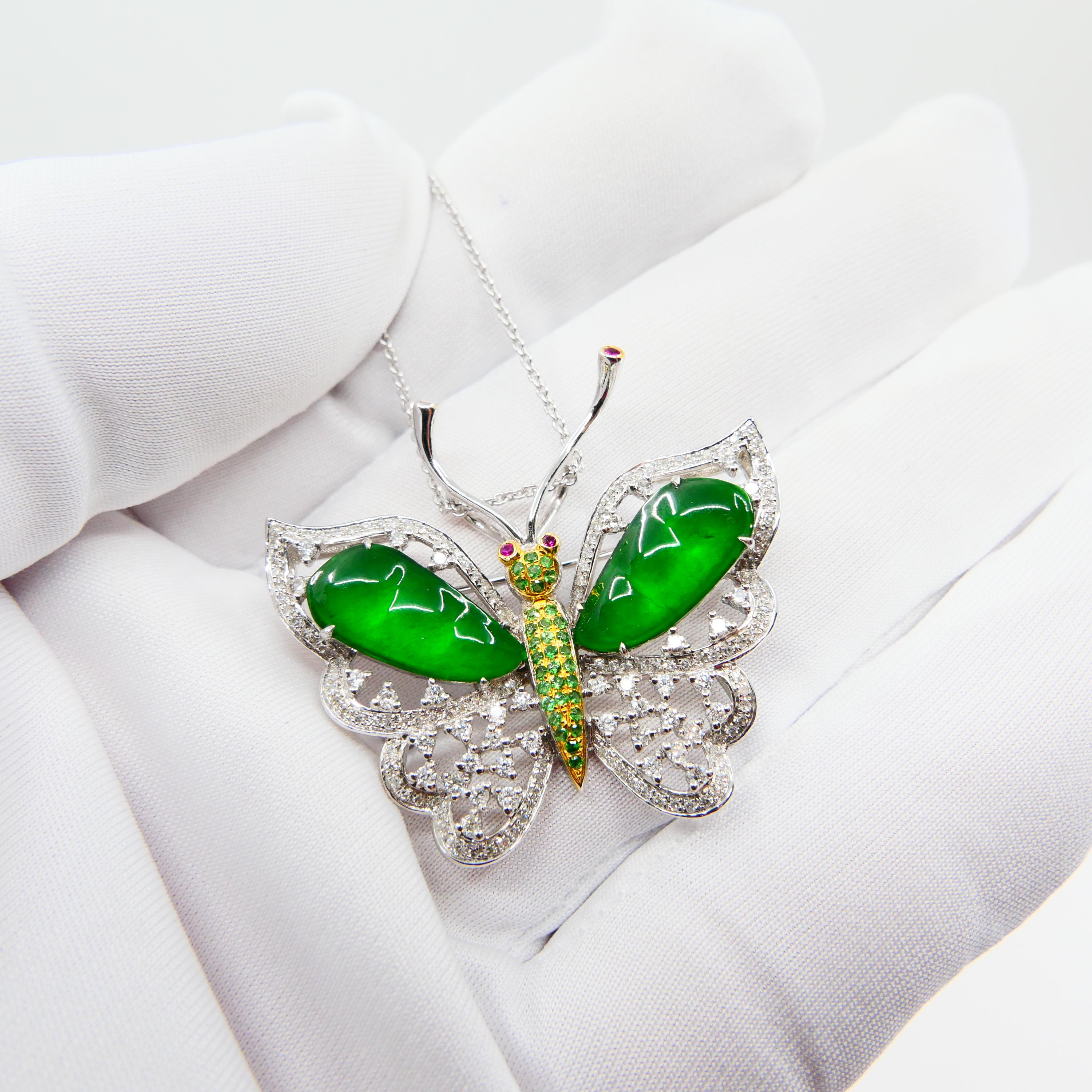 Certified Imperial Jade, Diamond Butterfly Pendant / Brooch, Collector Quality For Sale 5