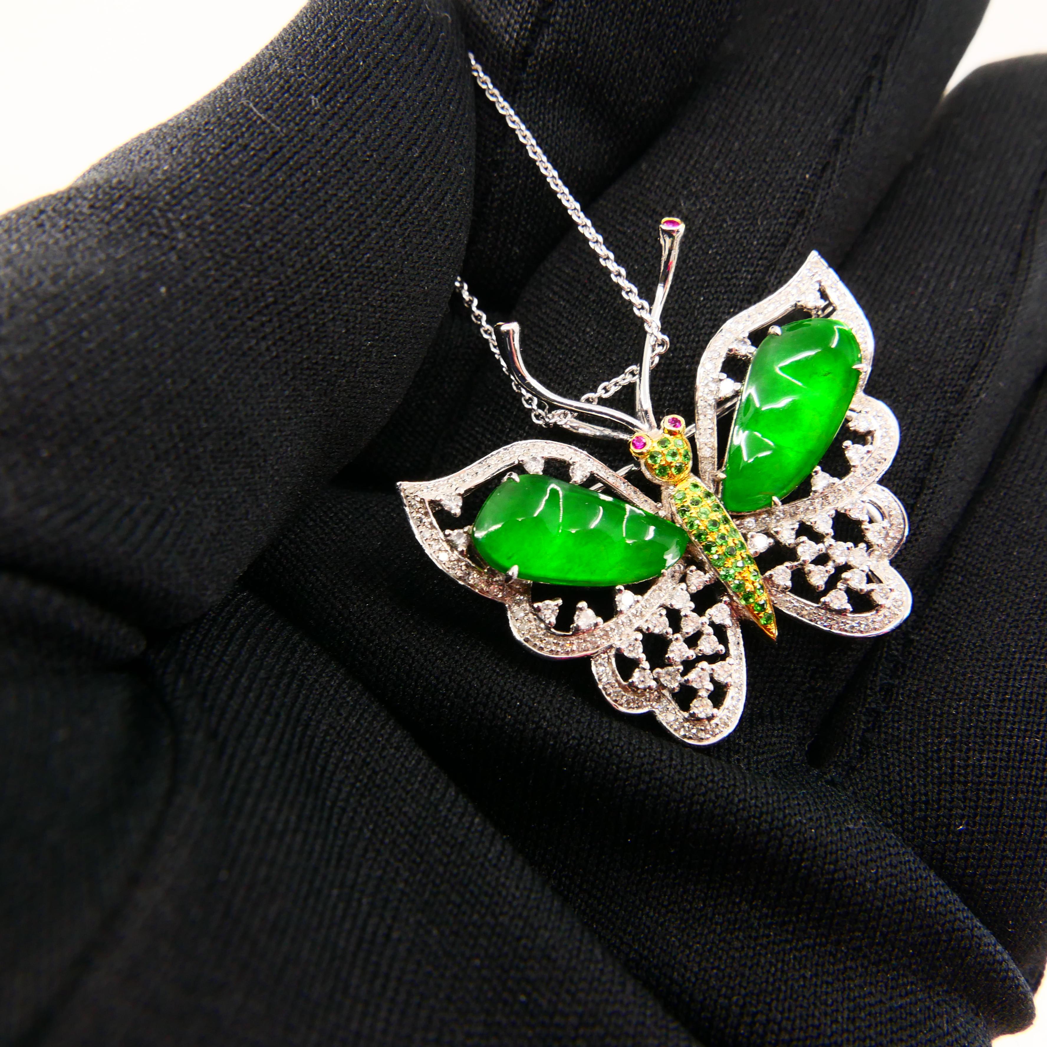 Certified Imperial Jade, Diamond Butterfly Pendant / Brooch, Collector Quality For Sale 6