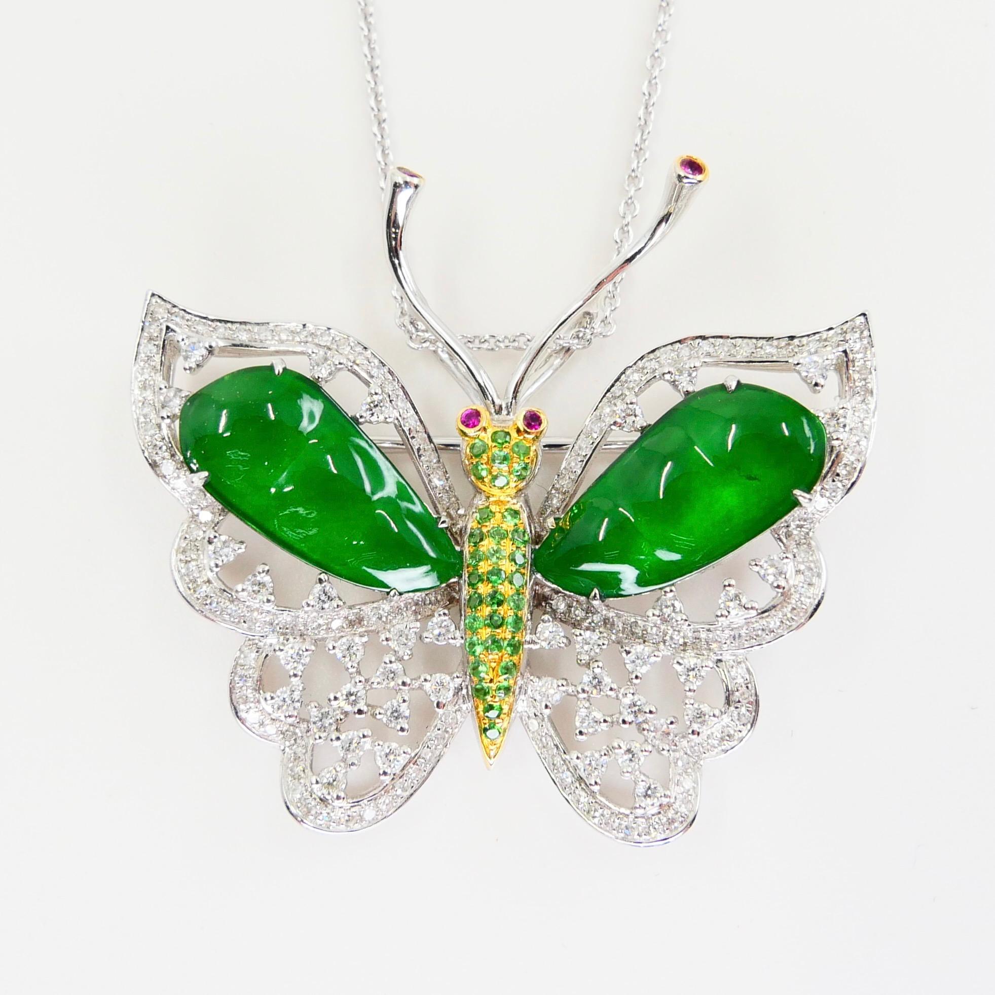 Certified Imperial Jade, Diamond Butterfly Pendant / Brooch, Collector Quality For Sale 7