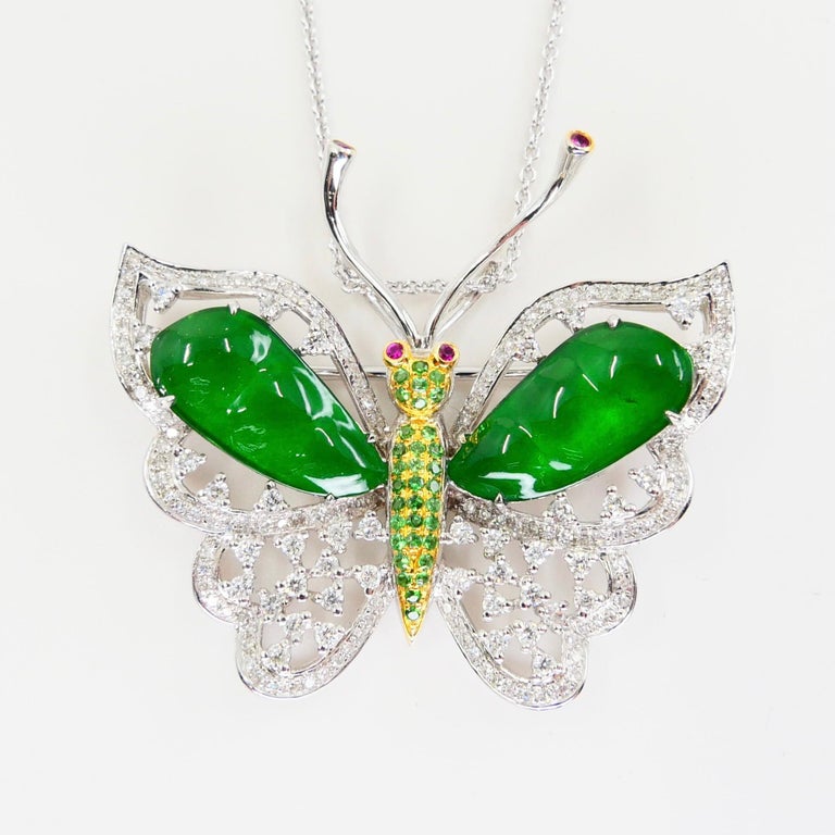 Certified Imperial Jade, Diamond Butterfly Pendant / Brooch, Collector