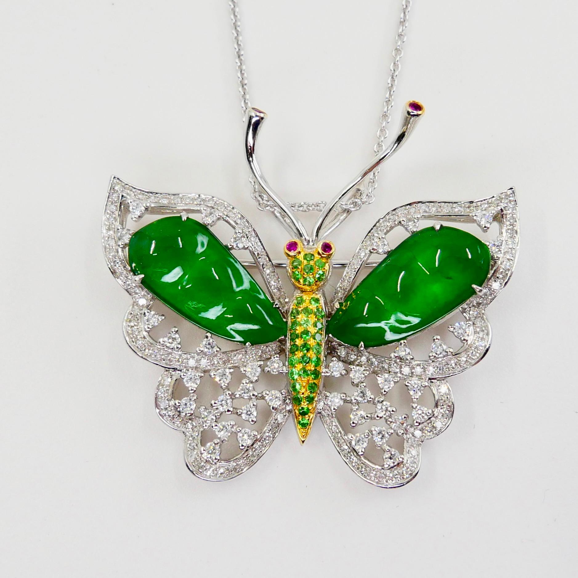 Certified Imperial Jade, Diamond Butterfly Pendant / Brooch, Collector Quality For Sale 8
