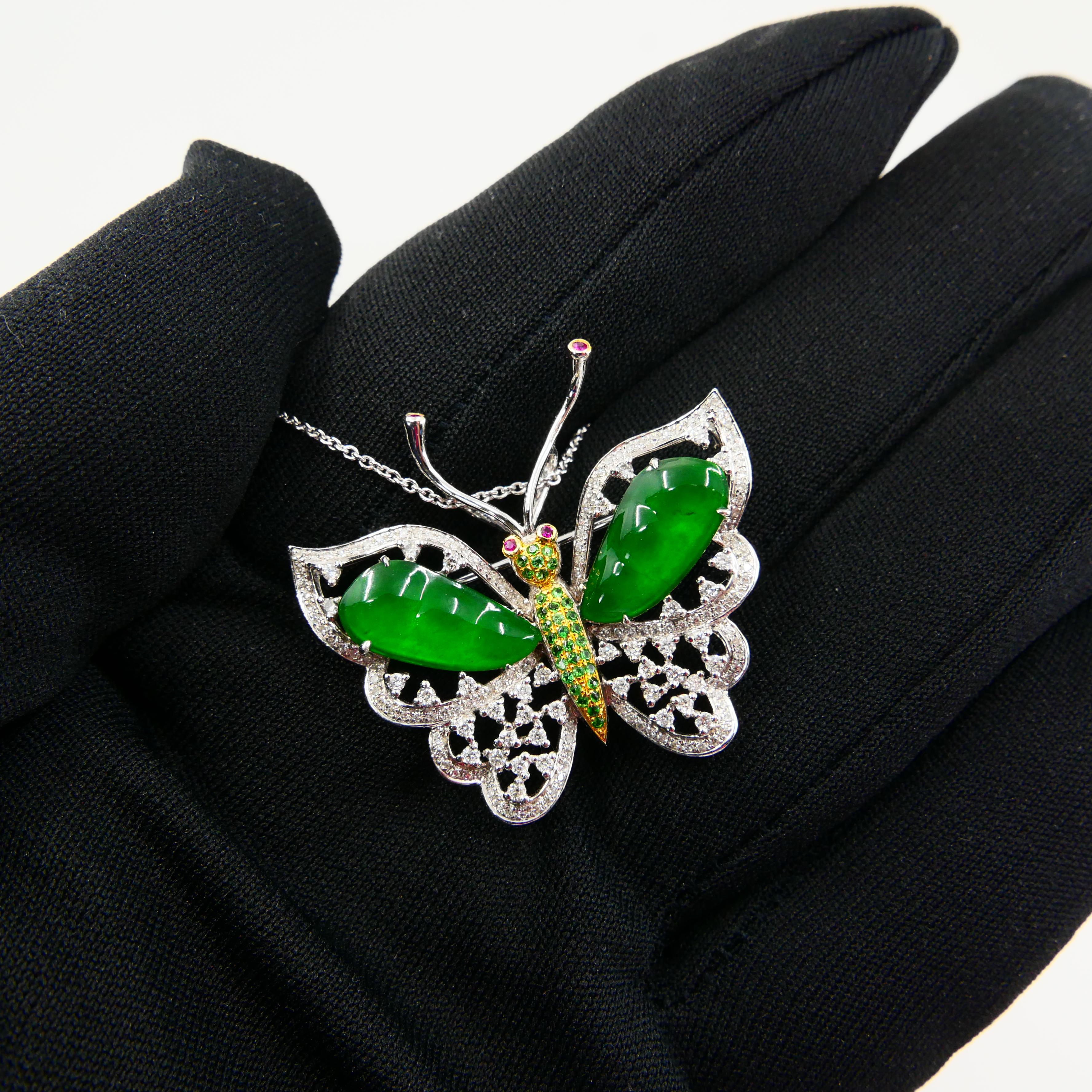 Rough Cut Certified Imperial Jade, Diamond Butterfly Pendant / Brooch, Collector Quality For Sale