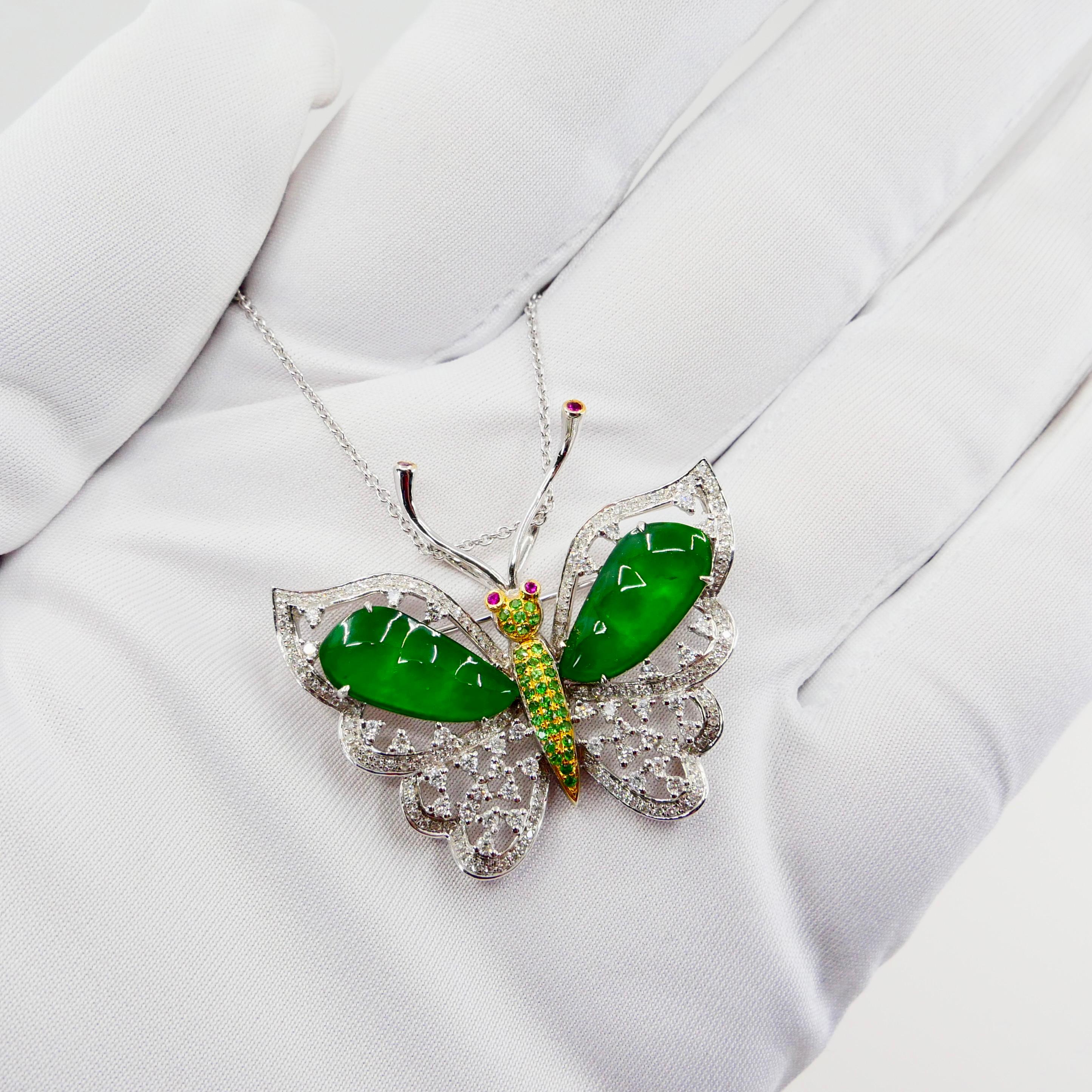 Pendentif/ broche papillon en jade impérial certifié et diamants, qualité de collection en vente 1