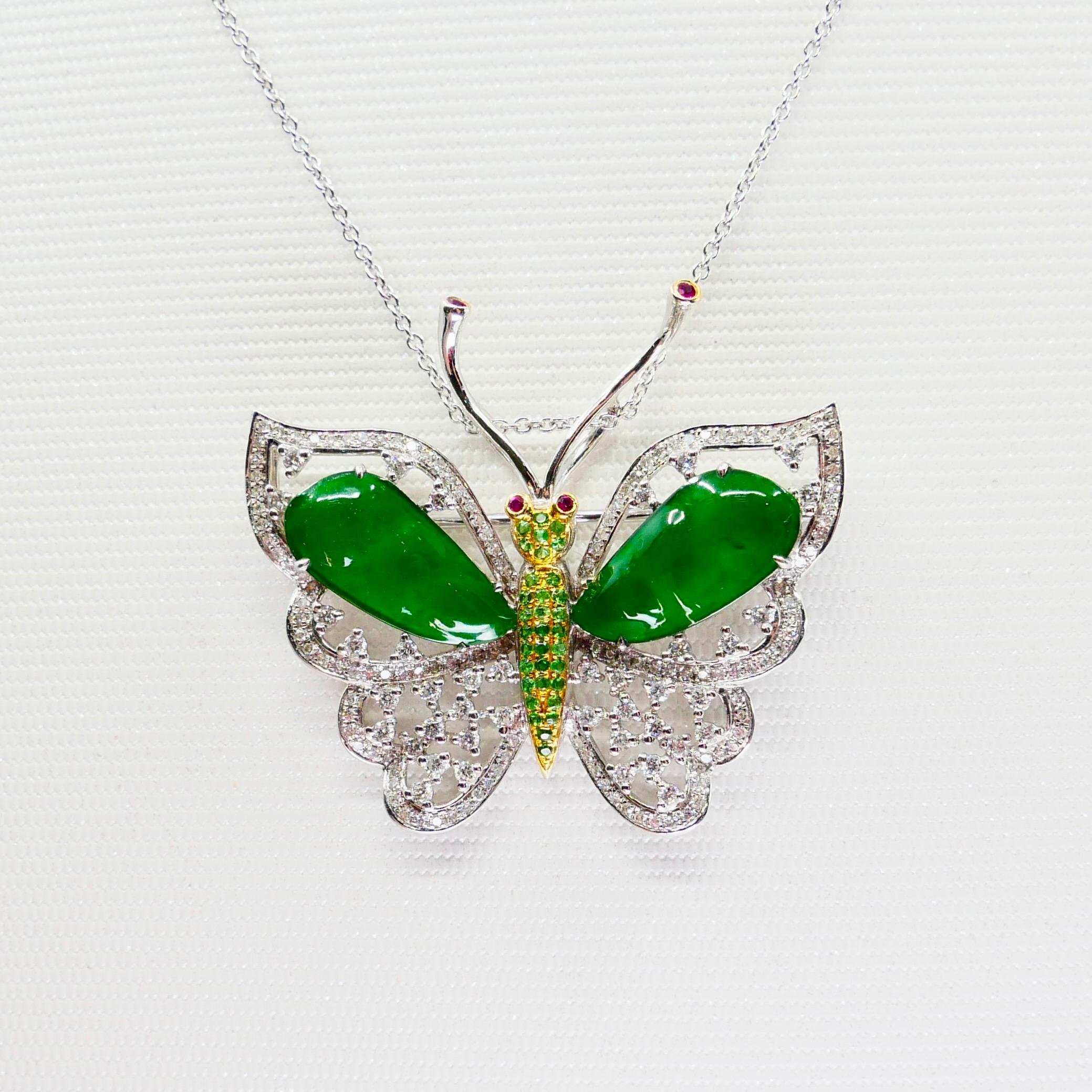 Women's Certified Imperial Jade, Diamond Butterfly Pendant / Brooch, Collector Quality For Sale