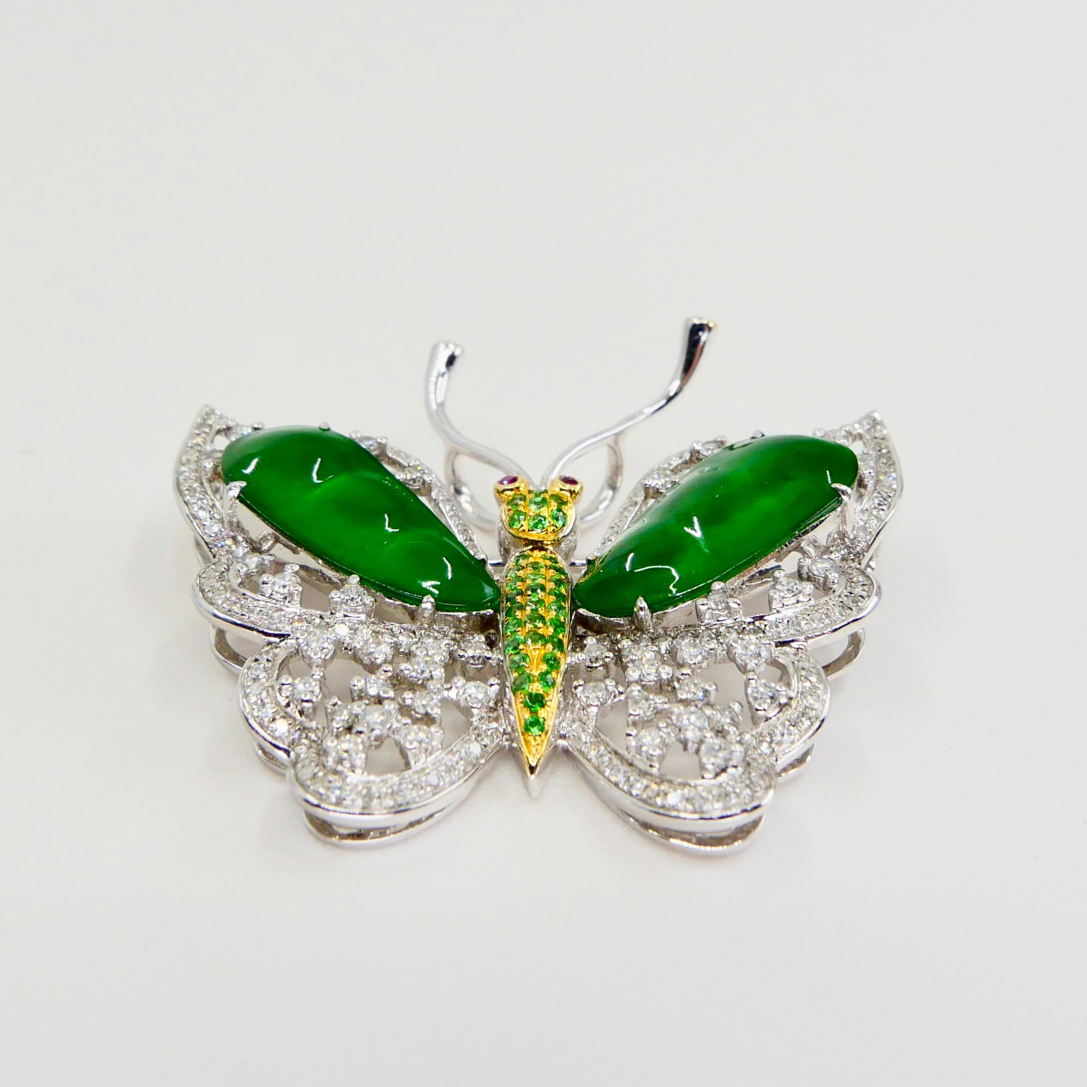 Certified Imperial Jade, Diamond Butterfly Pendant / Brooch, Collector Quality For Sale 1