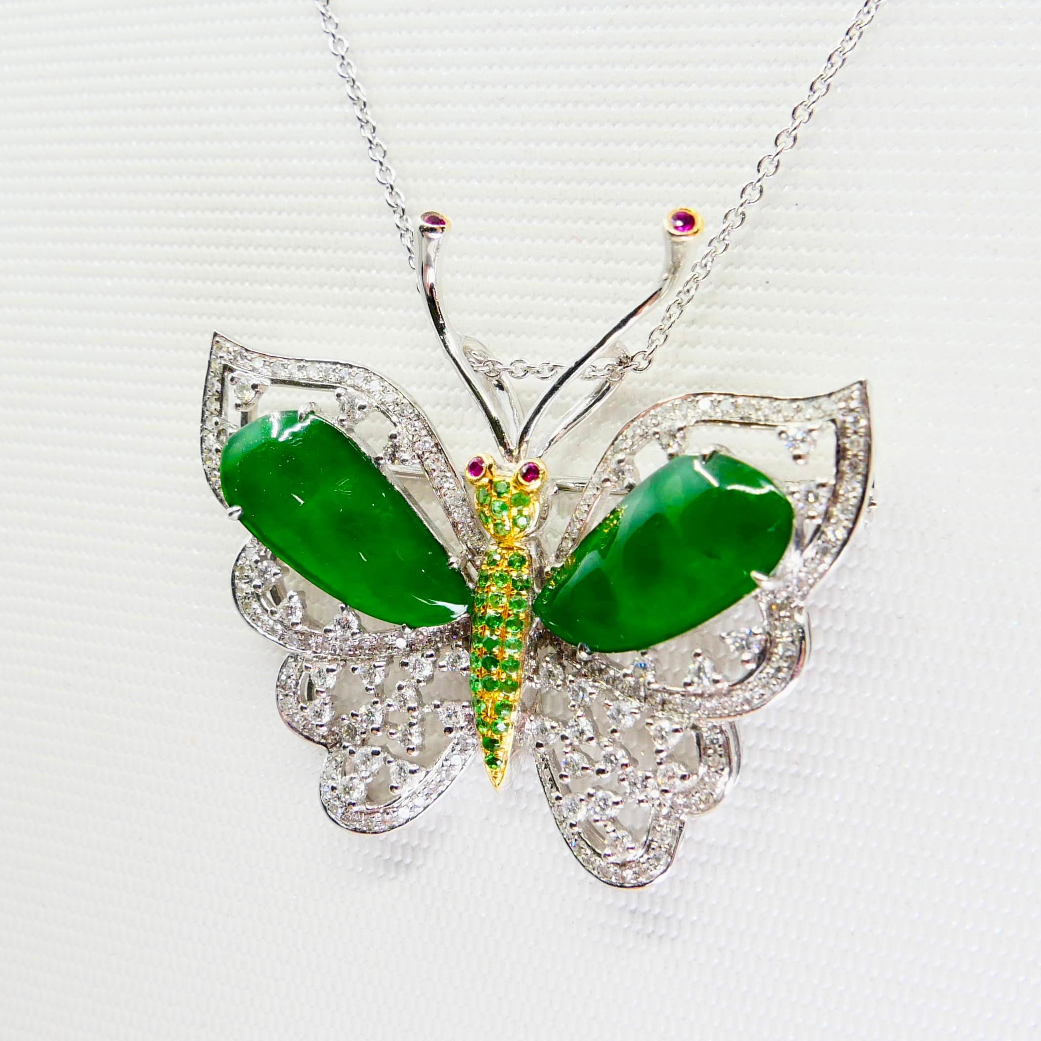 Certified Imperial Jade, Diamond Butterfly Pendant / Brooch, Collector Quality For Sale 2