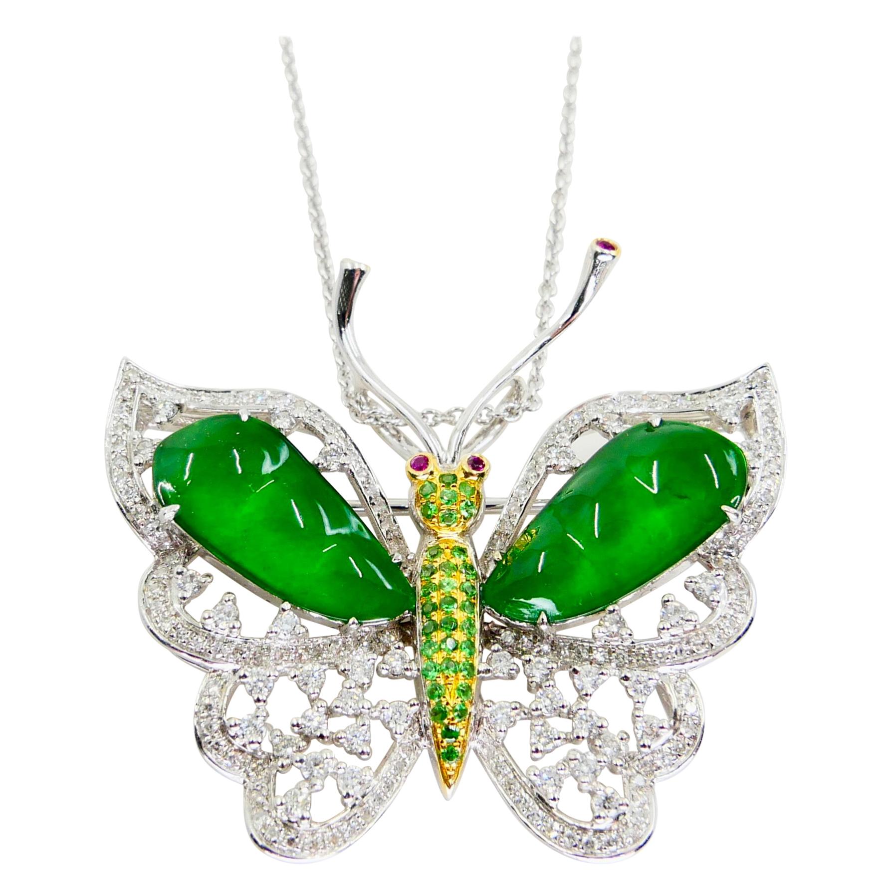 Certified Imperial Jade, Diamond Butterfly Pendant / Brooch, Collector Quality