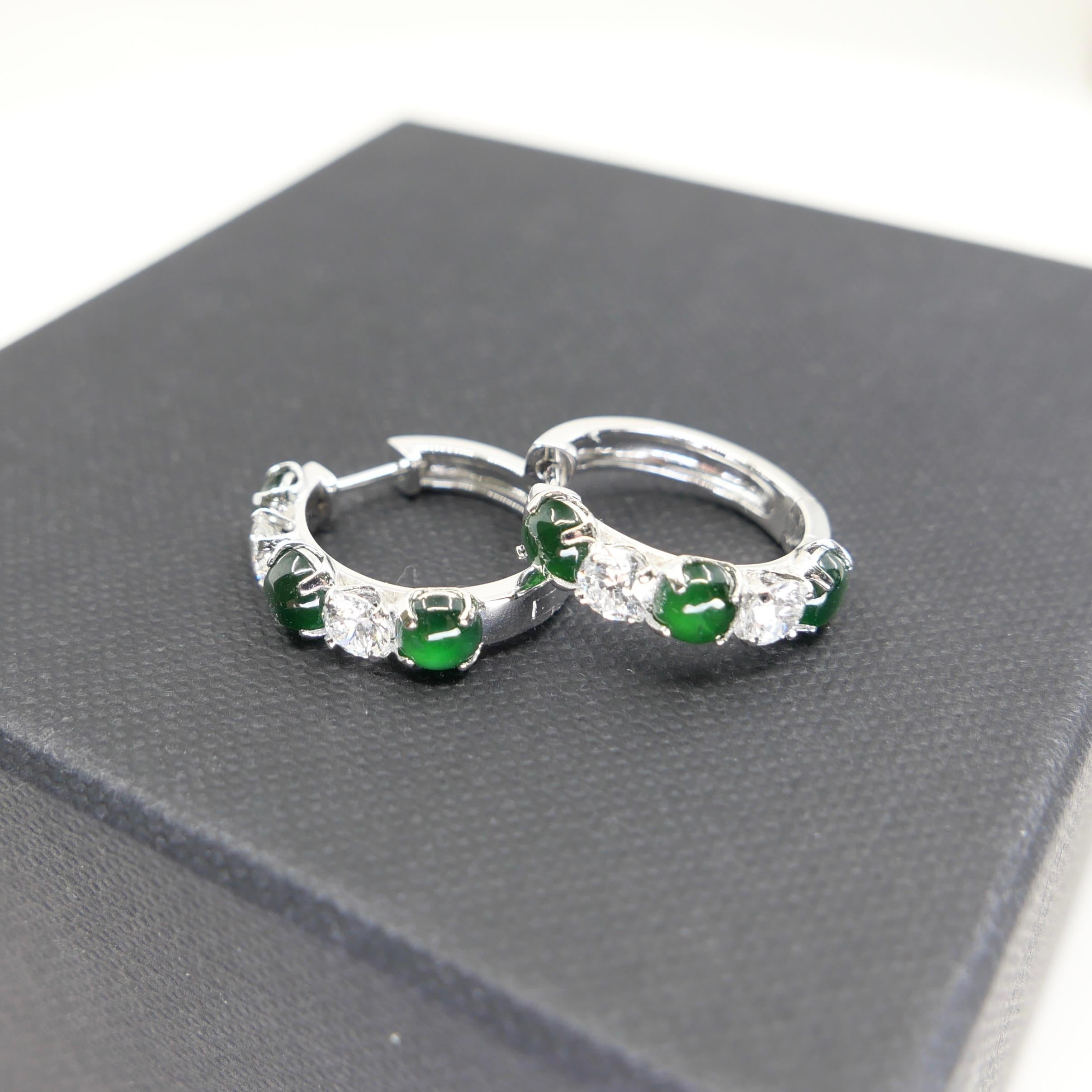 Boucles d'oreilles à charnière certifiées en jade impérial et diamants Vert impérial. Éclat suprême ! en vente 7