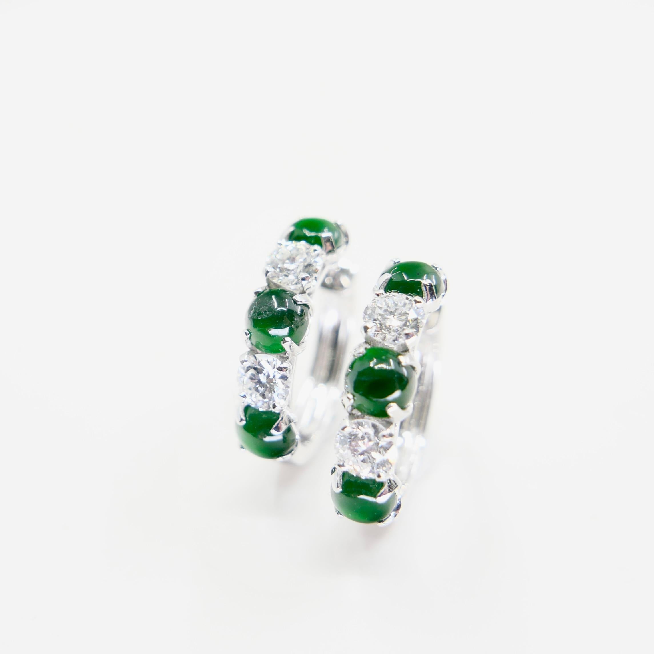 Boucles d'oreilles à charnière certifiées en jade impérial et diamants Vert impérial. Éclat suprême ! en vente 12