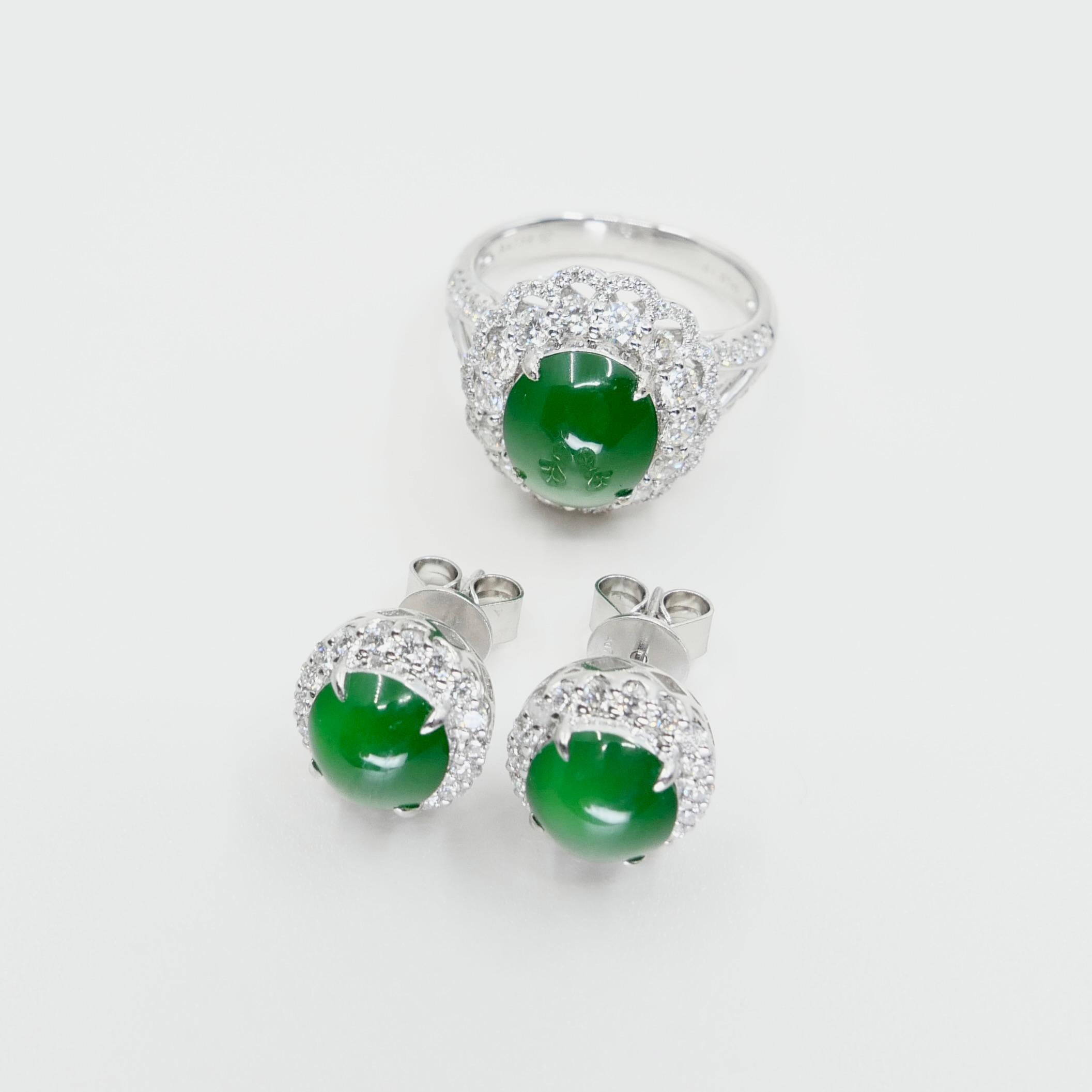 Certified Imperial Jade Diamond Stud Earrings & Ring Set. Best Glowing Green  For Sale 6