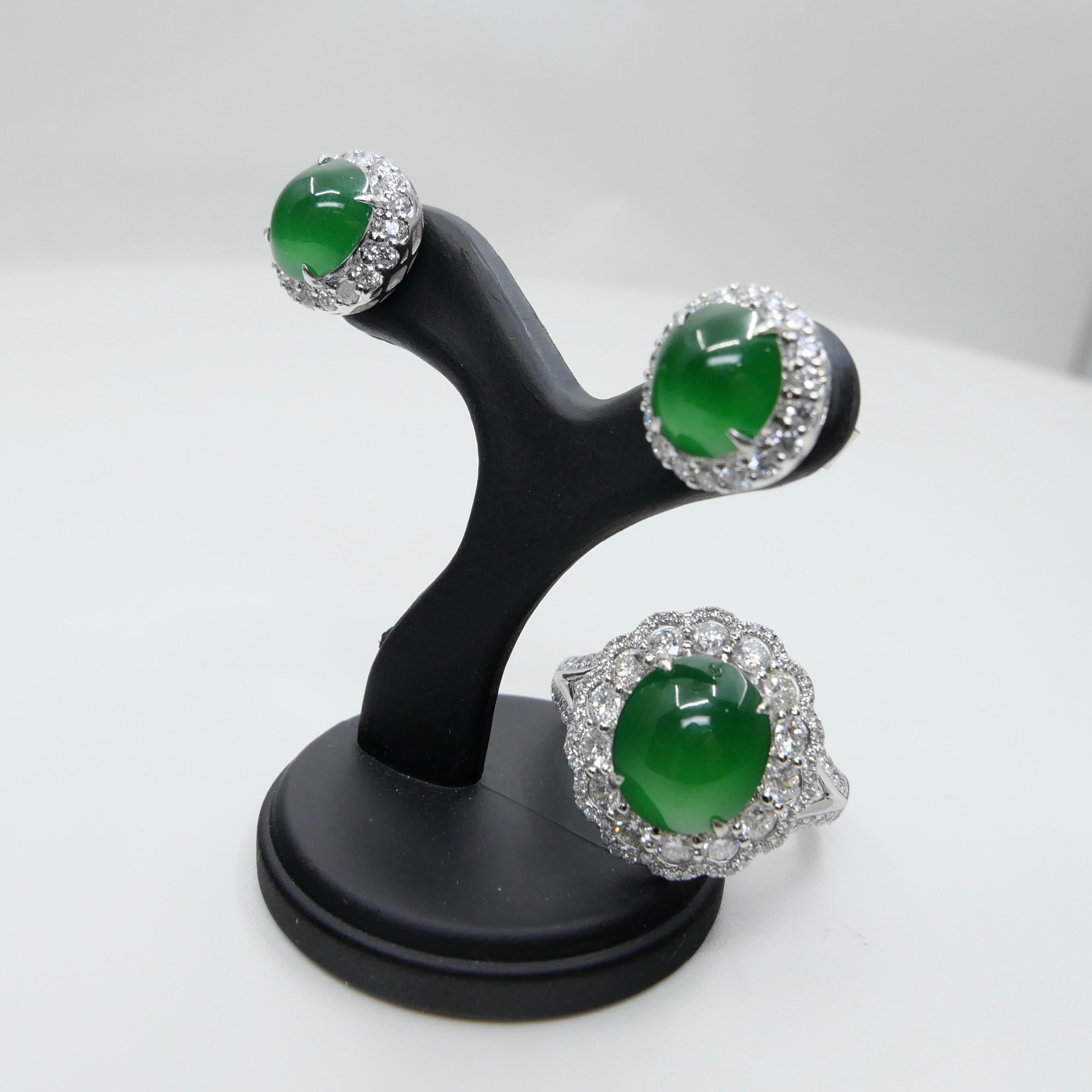 Certified Imperial Jade Diamond Stud Earrings & Ring Set. Best Glowing Green  For Sale 7