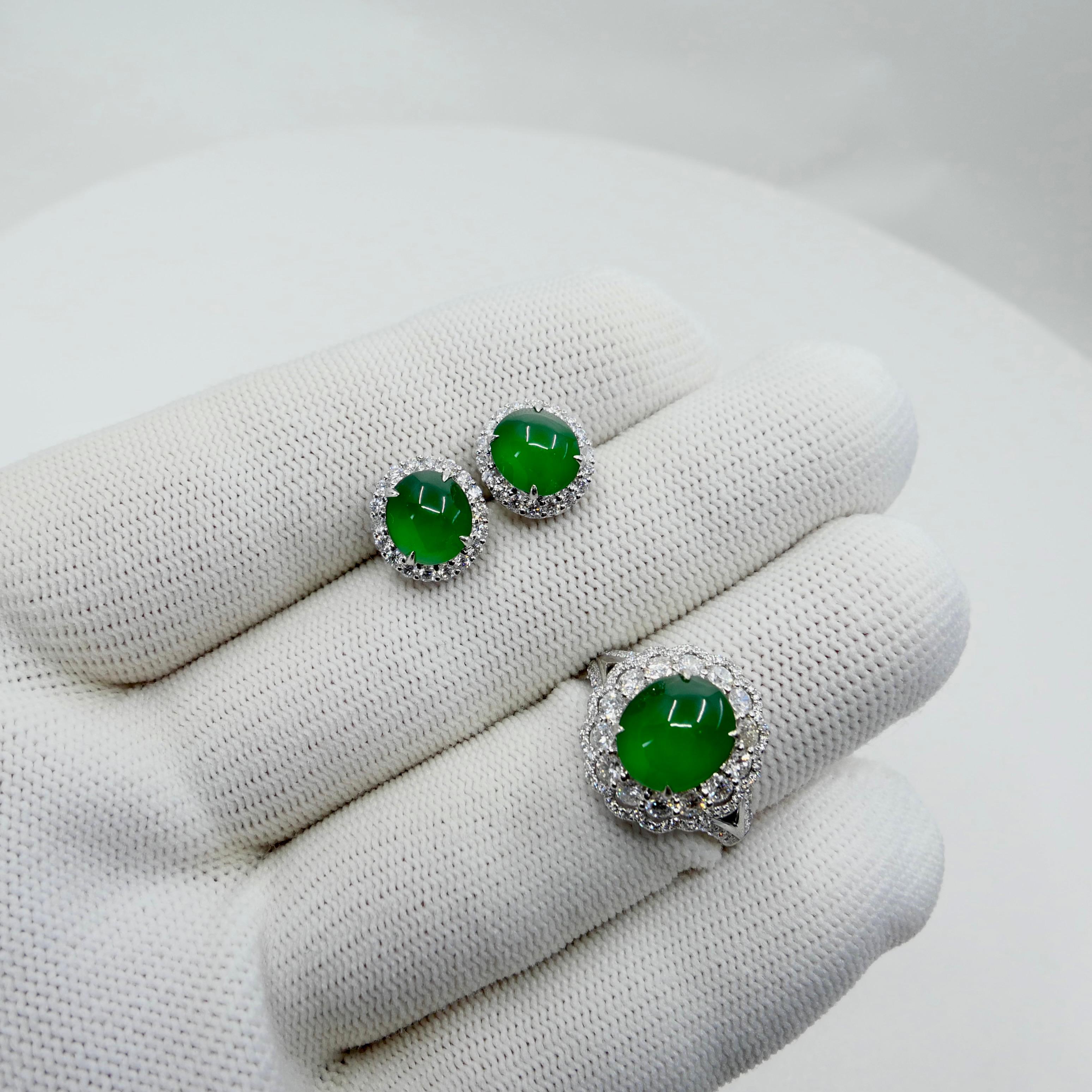 Certified Imperial Jade Diamond Stud Earrings & Ring Set. Best Glowing Green  For Sale 8