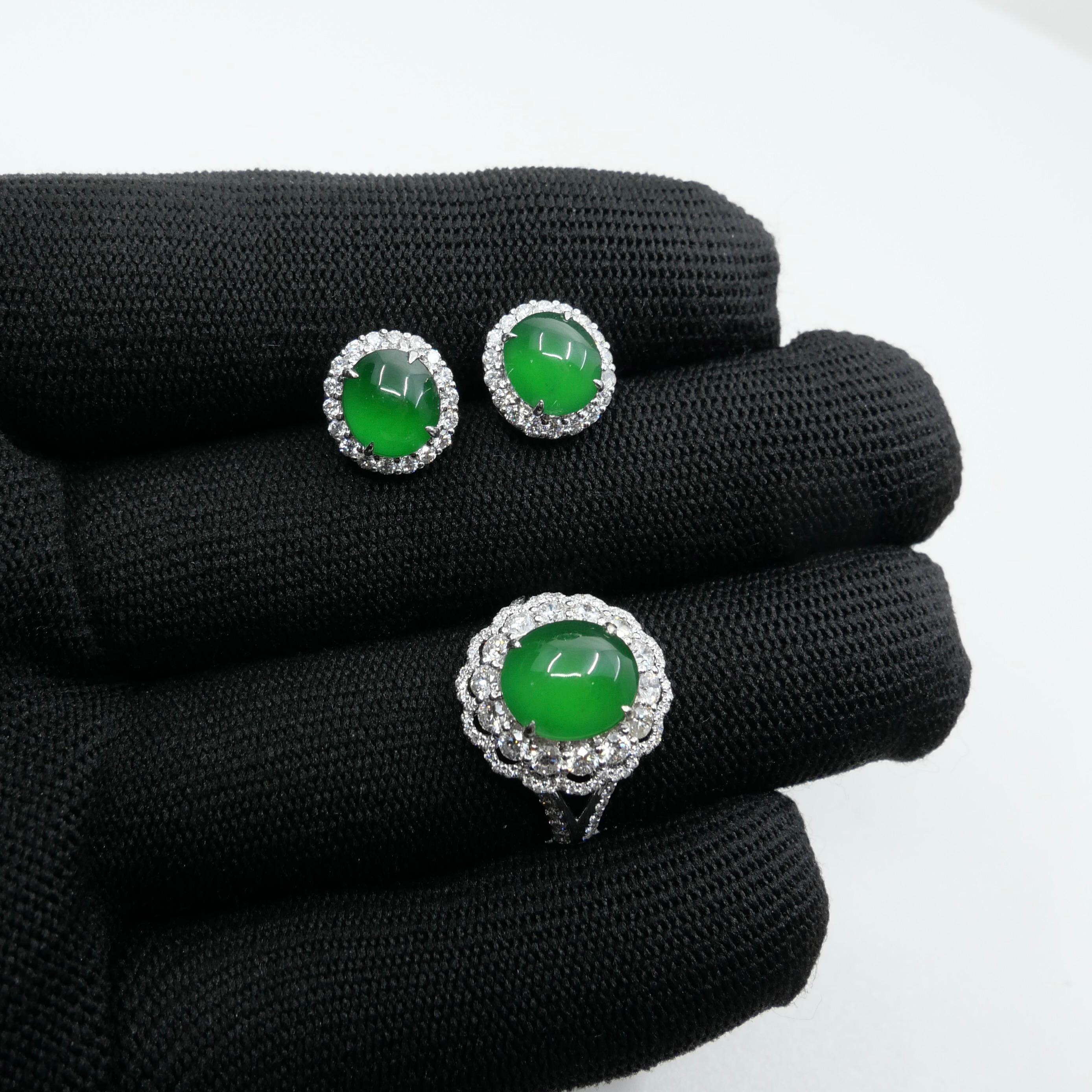 Certified Imperial Jade Diamond Stud Earrings & Ring Set. Best Glowing Green  For Sale 9